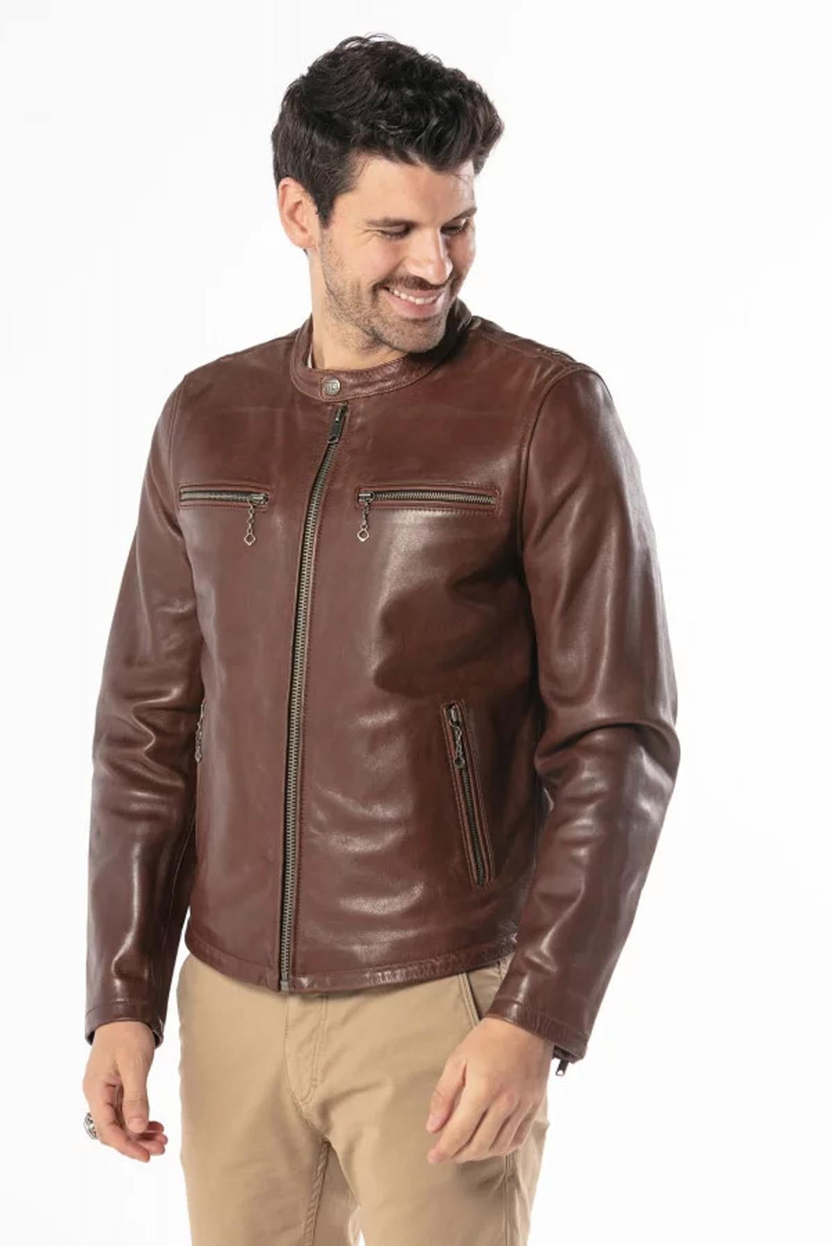 Biker style jacket in cowhide leather - Image n°5