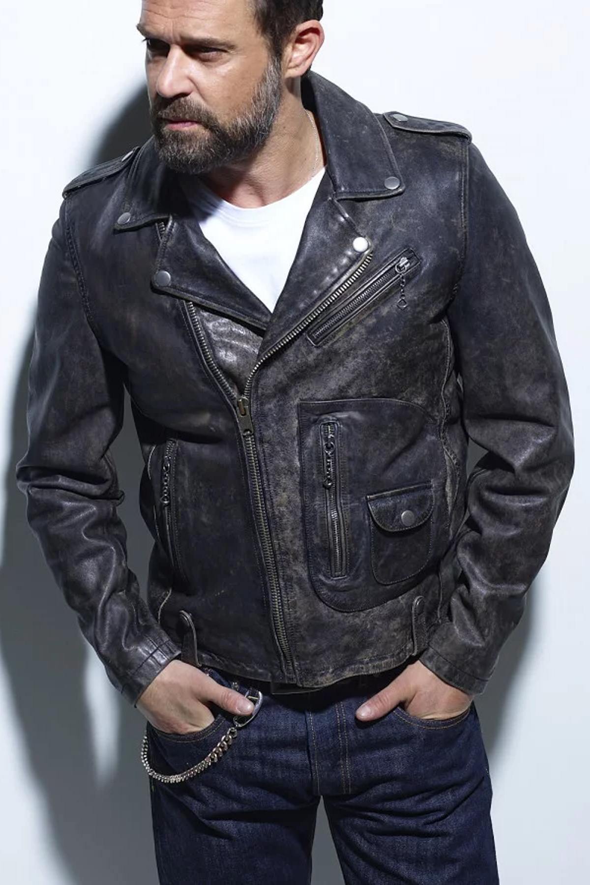 Vintage look aged leather Biker Jacket - Image n°3