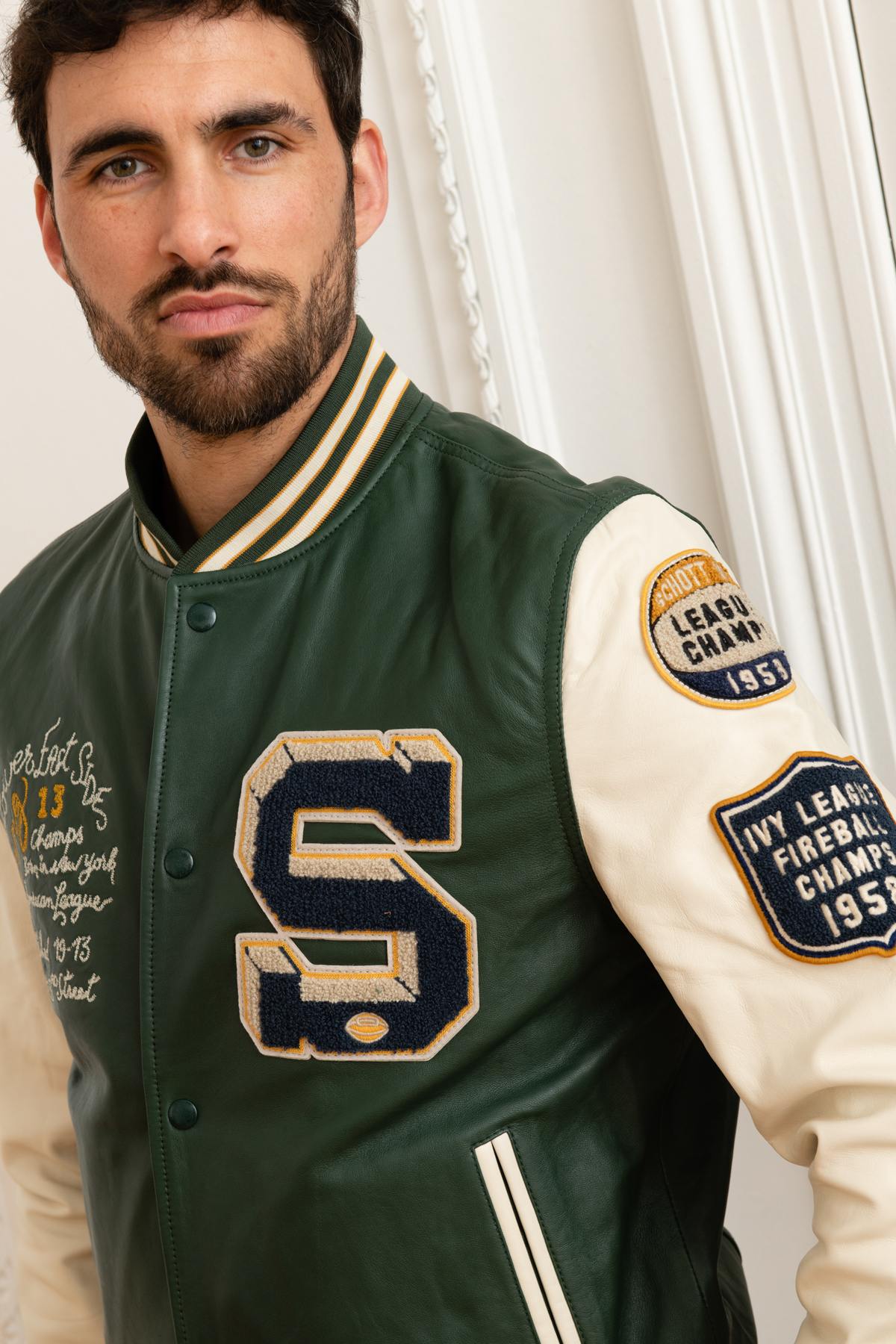 Varsity jacket in green and white leather - Image n°7