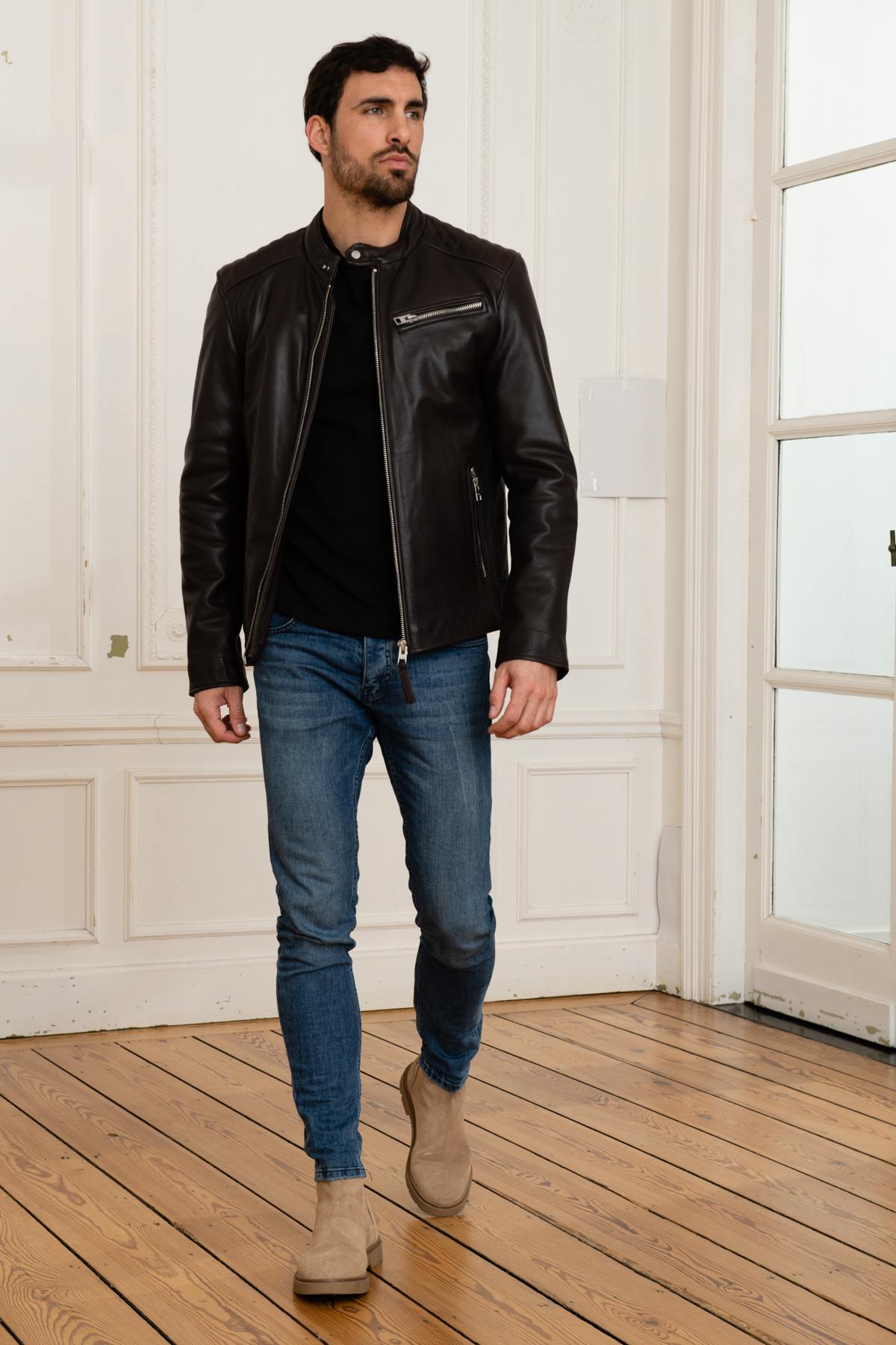 Brown leather biker jacket - Image n°3