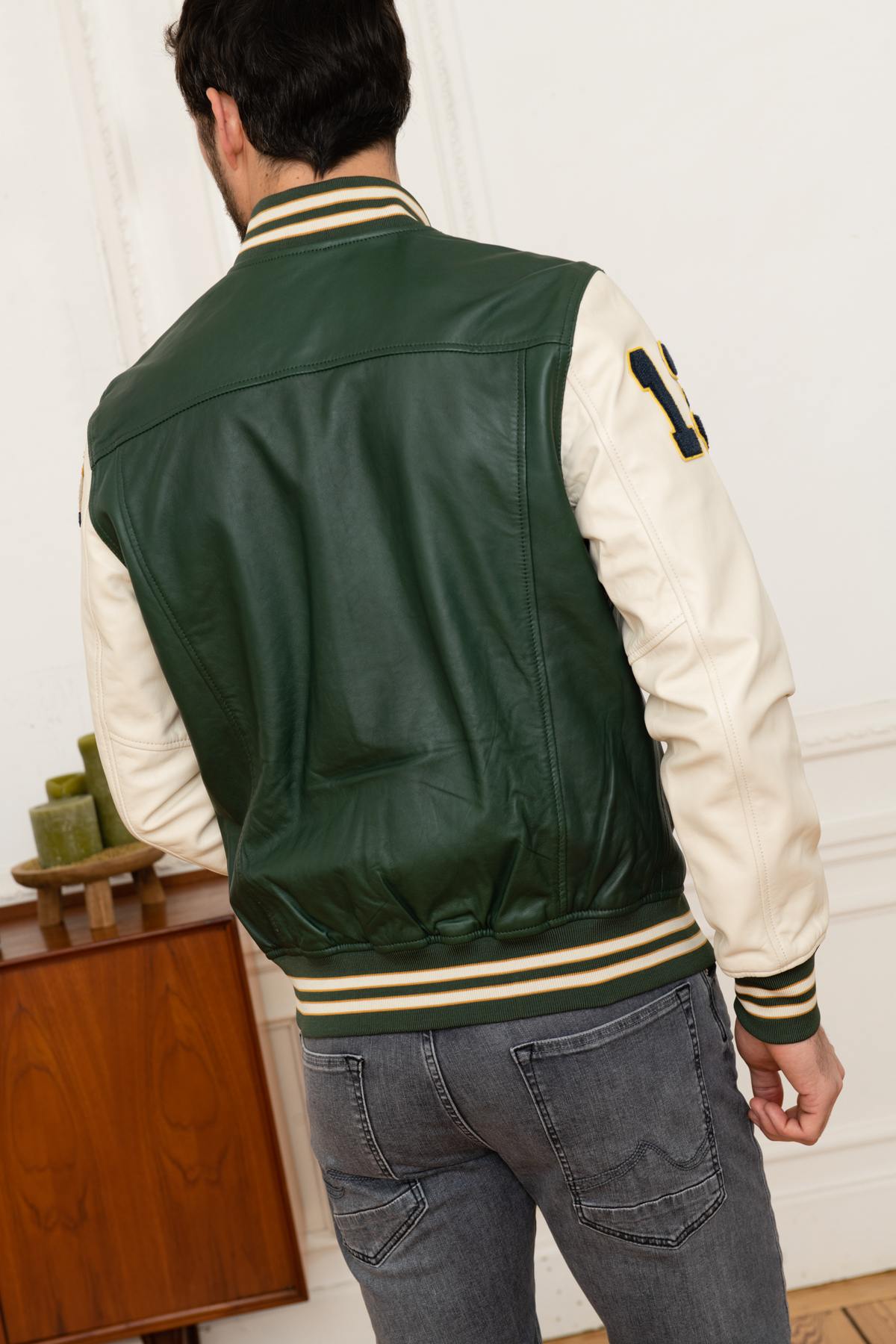 Varsity jacket in green and white leather - Image n°5