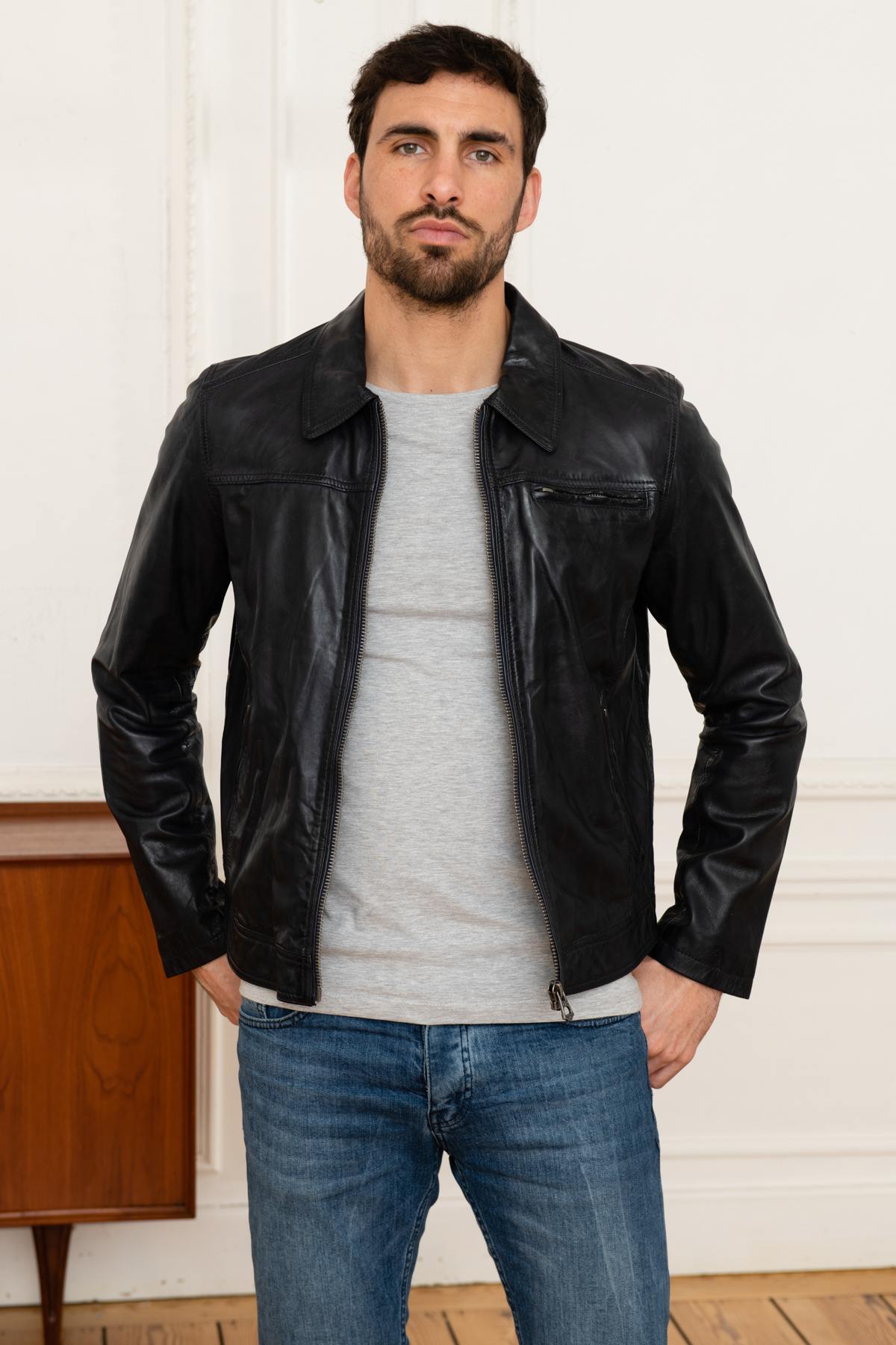 Dark blue leather shirt collar jacket - Image n°1