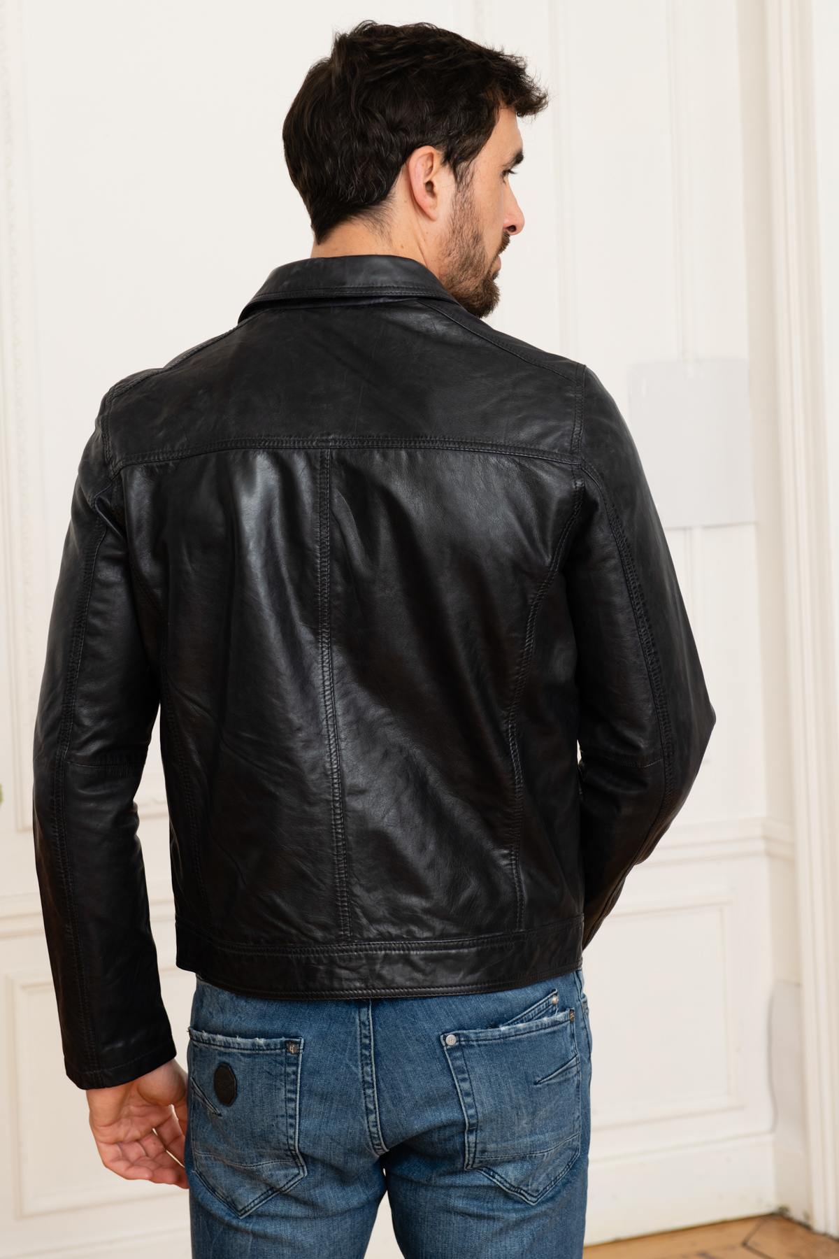 Dark blue leather shirt collar jacket - Image n°3