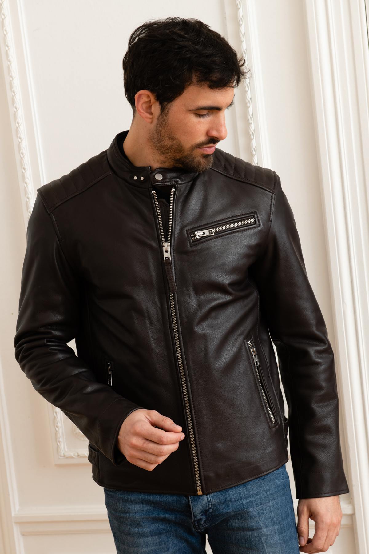 Brown leather biker jacket - Image n°5