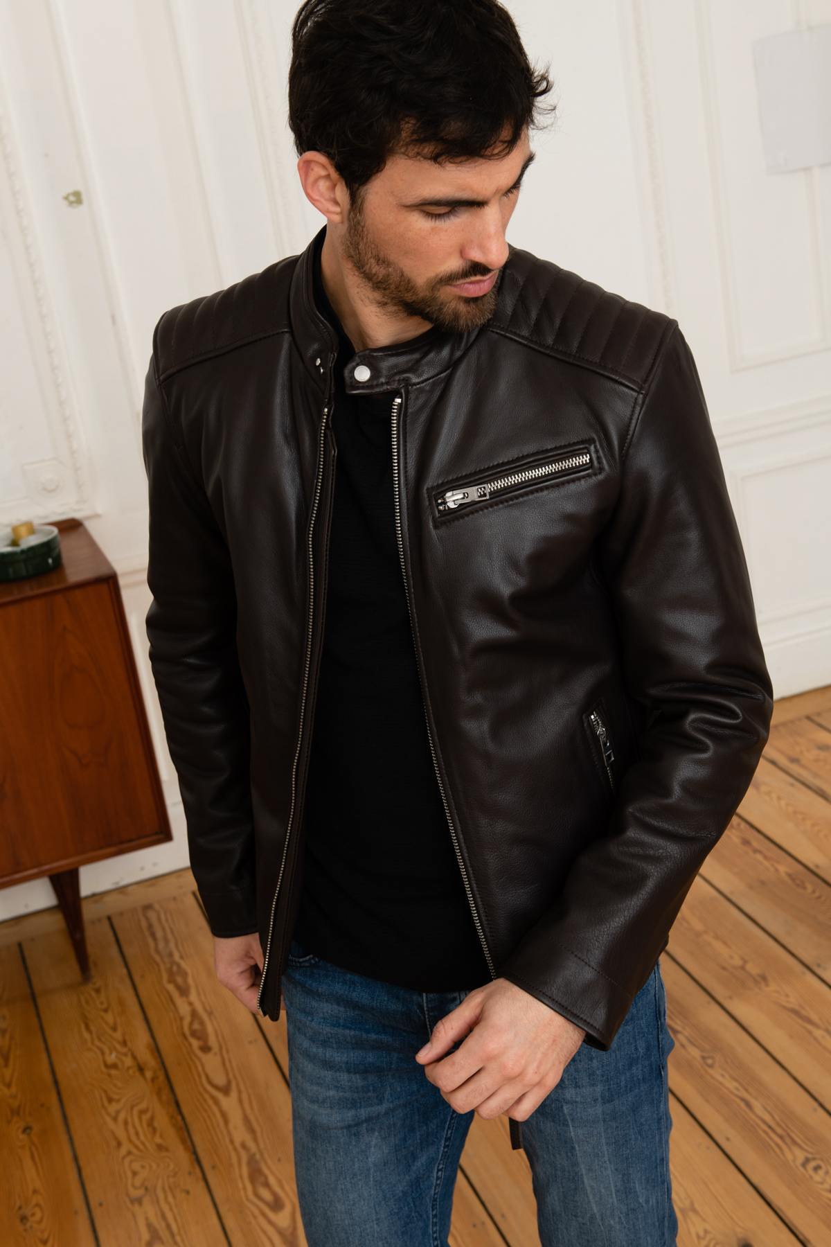 Brown leather biker jacket - Image n°1