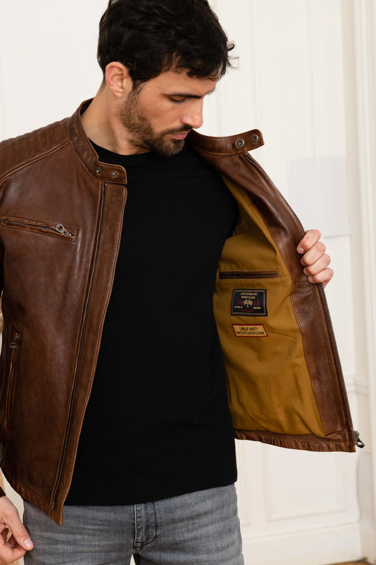 Vintage look biker style leather jacket - Image n°6