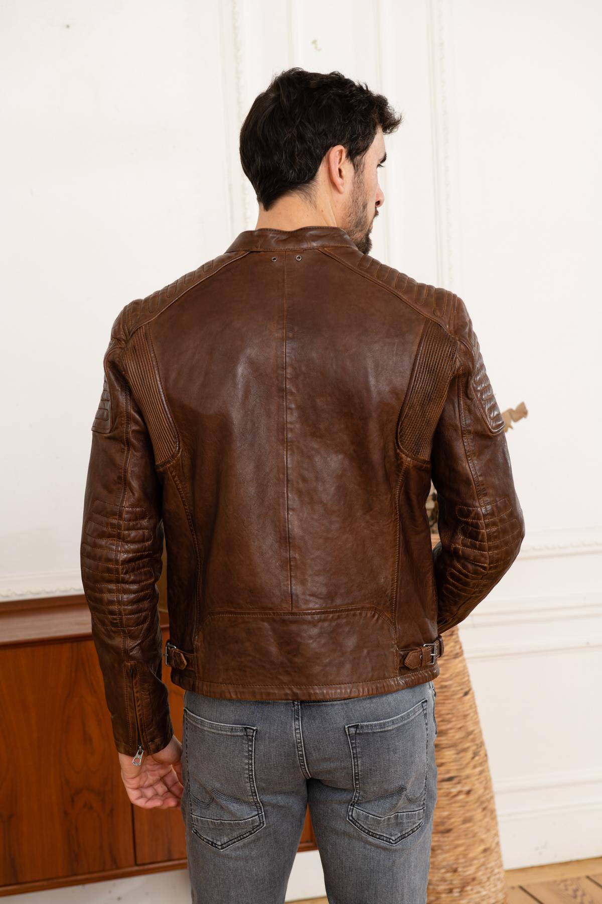 Vintage look biker style leather jacket - Image n°5