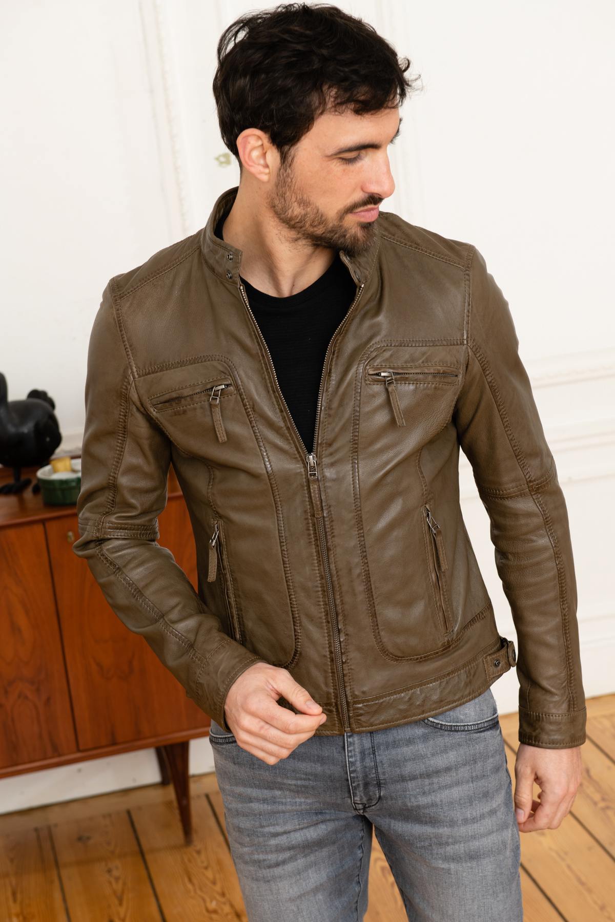 Brown leather jacket with mandarin collar - Image n°1