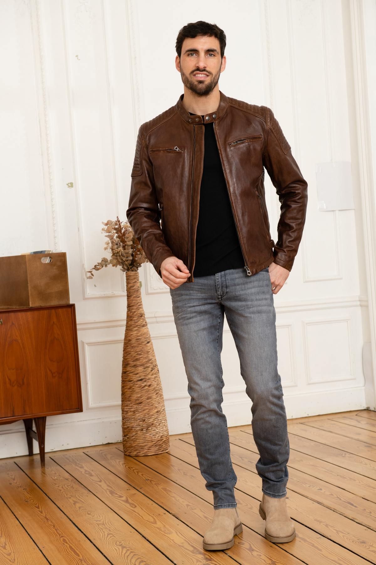 Vintage look biker style leather jacket - Image n°3