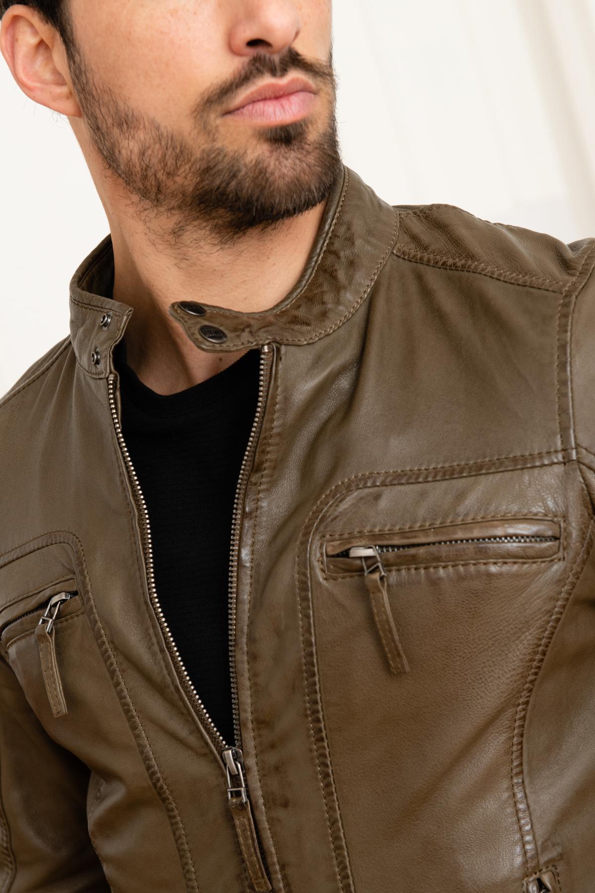 Brown leather jacket with mandarin collar - Image n°7