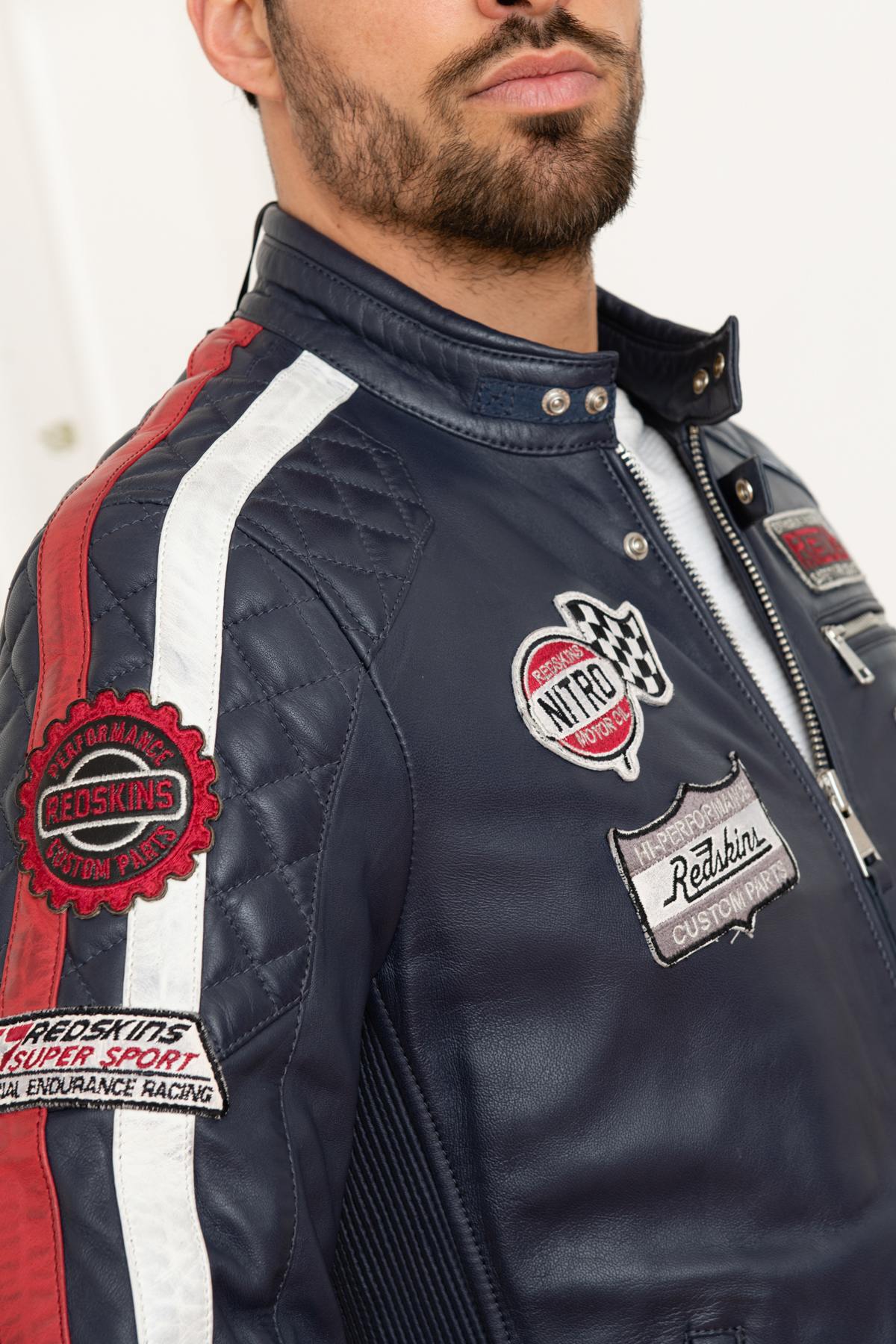 Navy blue leather motorsport jacket - Image n°7