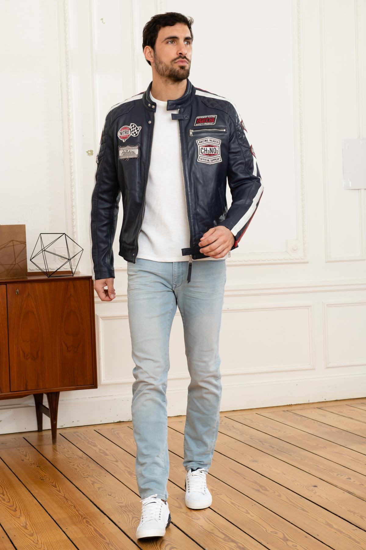 Navy blue leather motorsport jacket - Image n°2