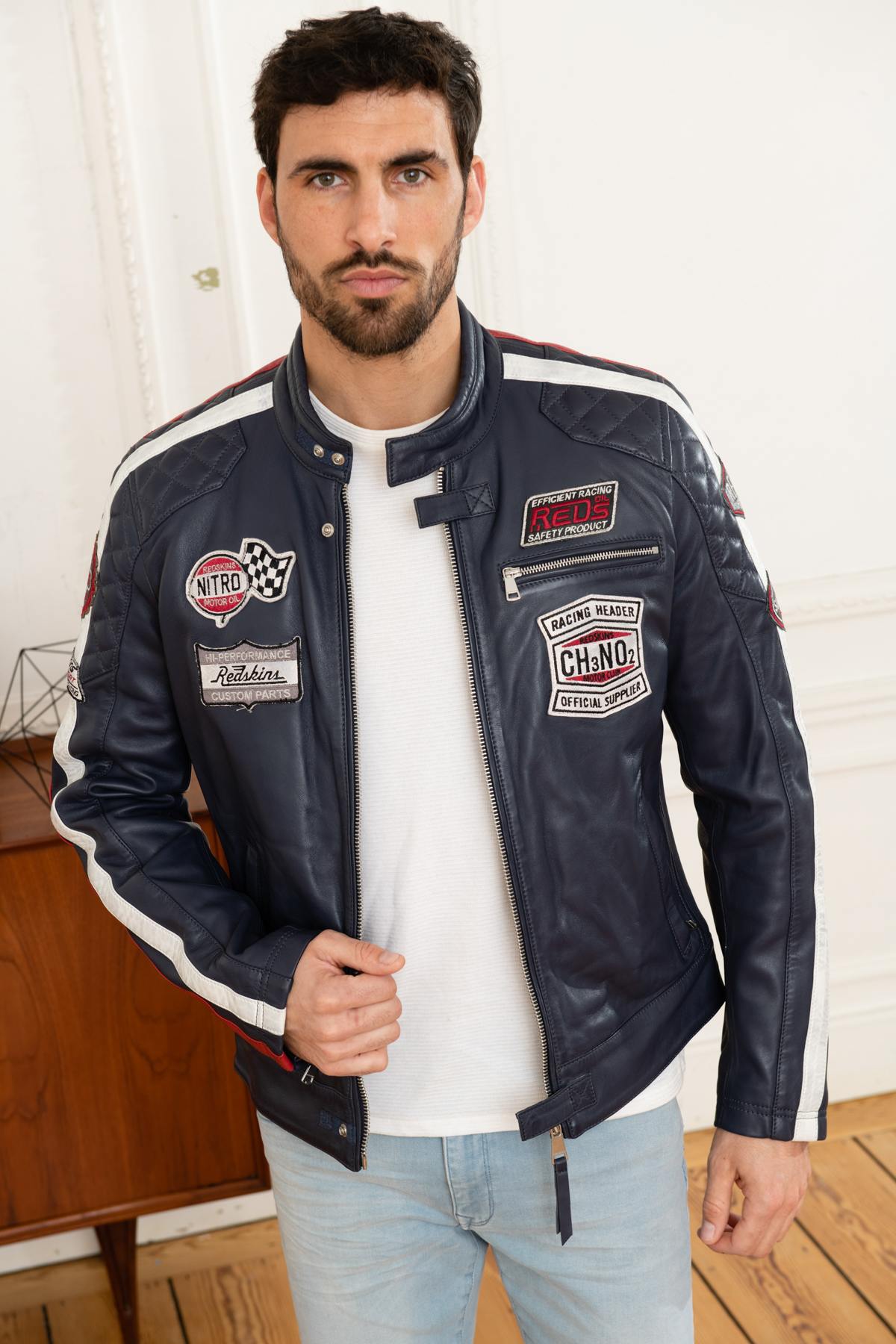 Navy blue leather motorsport jacket - Image n°3