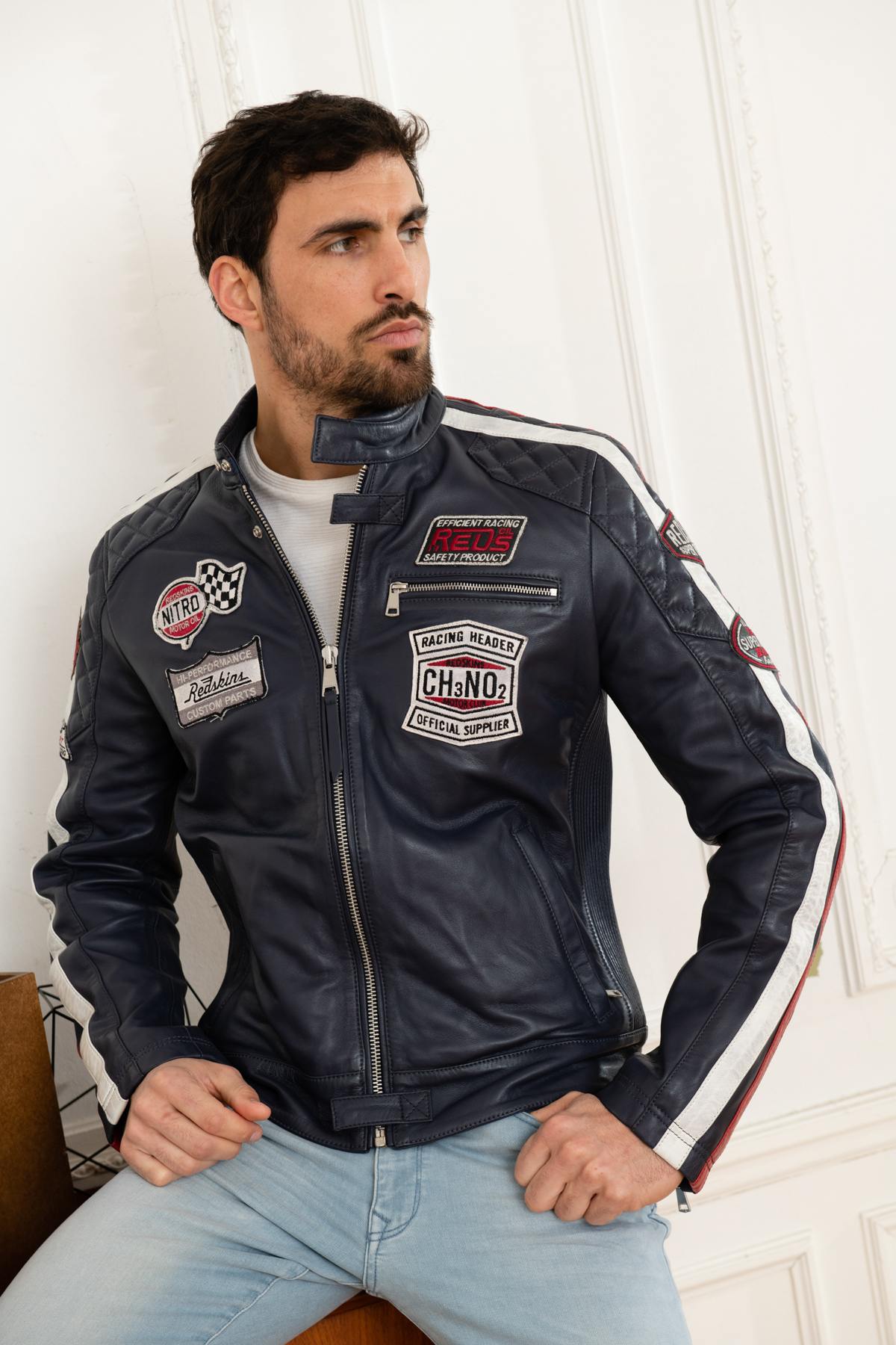 Navy blue leather motorsport jacket - Image n°1