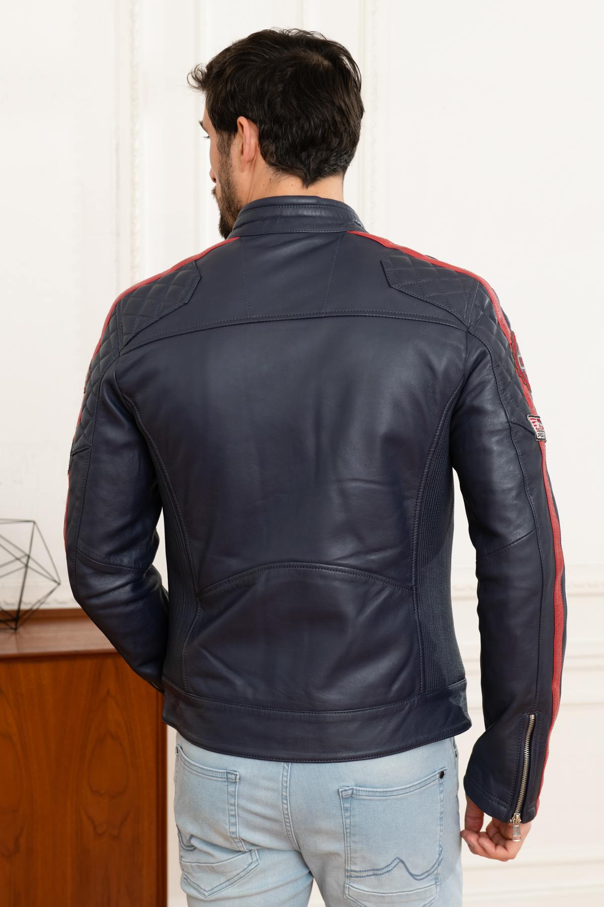 Navy blue leather motorsport jacket - Image n°5