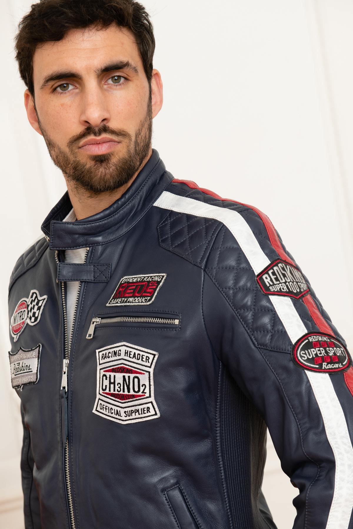 Navy blue leather motorsport jacket - Image n°6