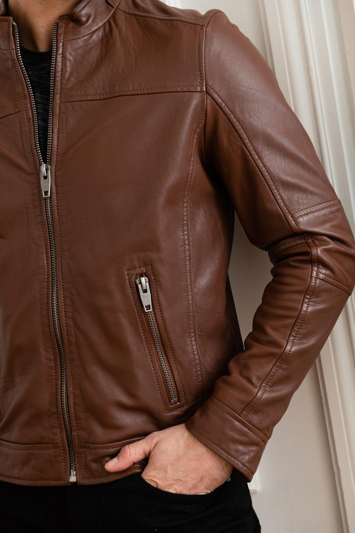 Brown genuine leather jacket - Image n°1