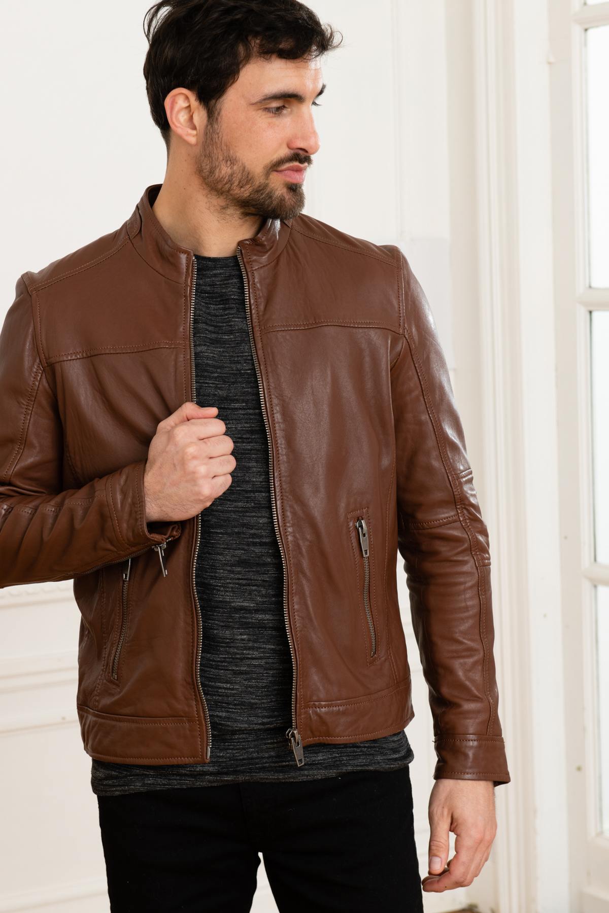 Brown genuine leather jacket - Image n°6