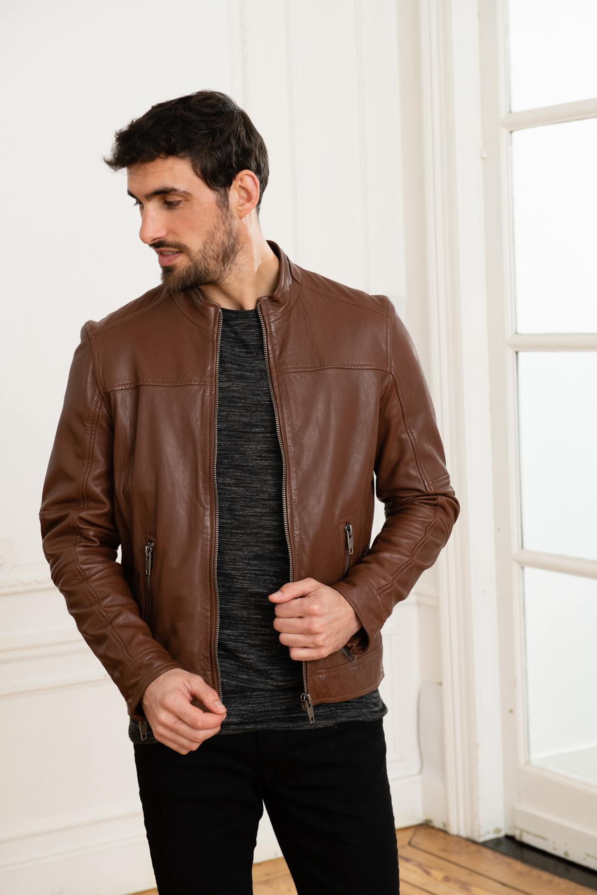 Brown genuine leather jacket - Image n°2