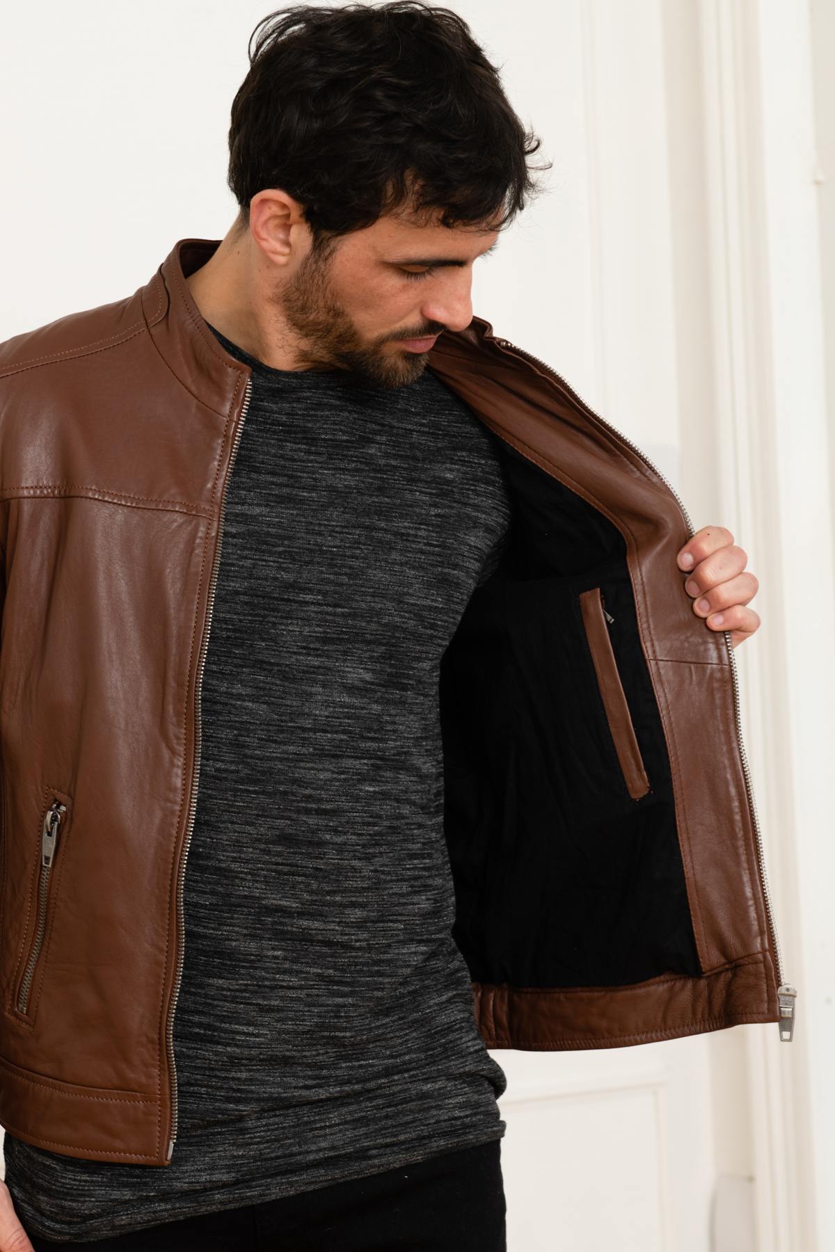 Brown genuine leather jacket - Image n°3