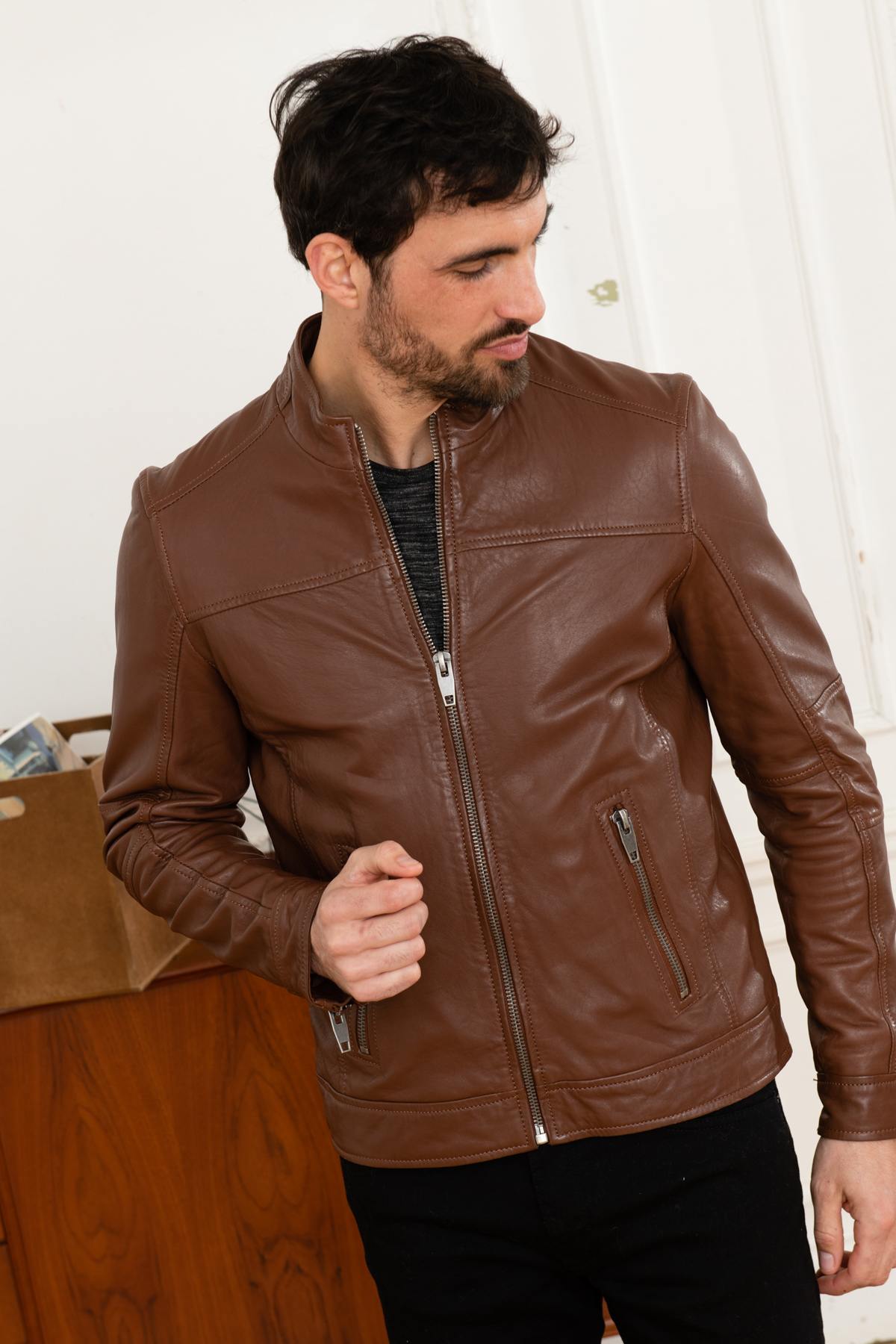 Brown genuine leather jacket - Image n°5