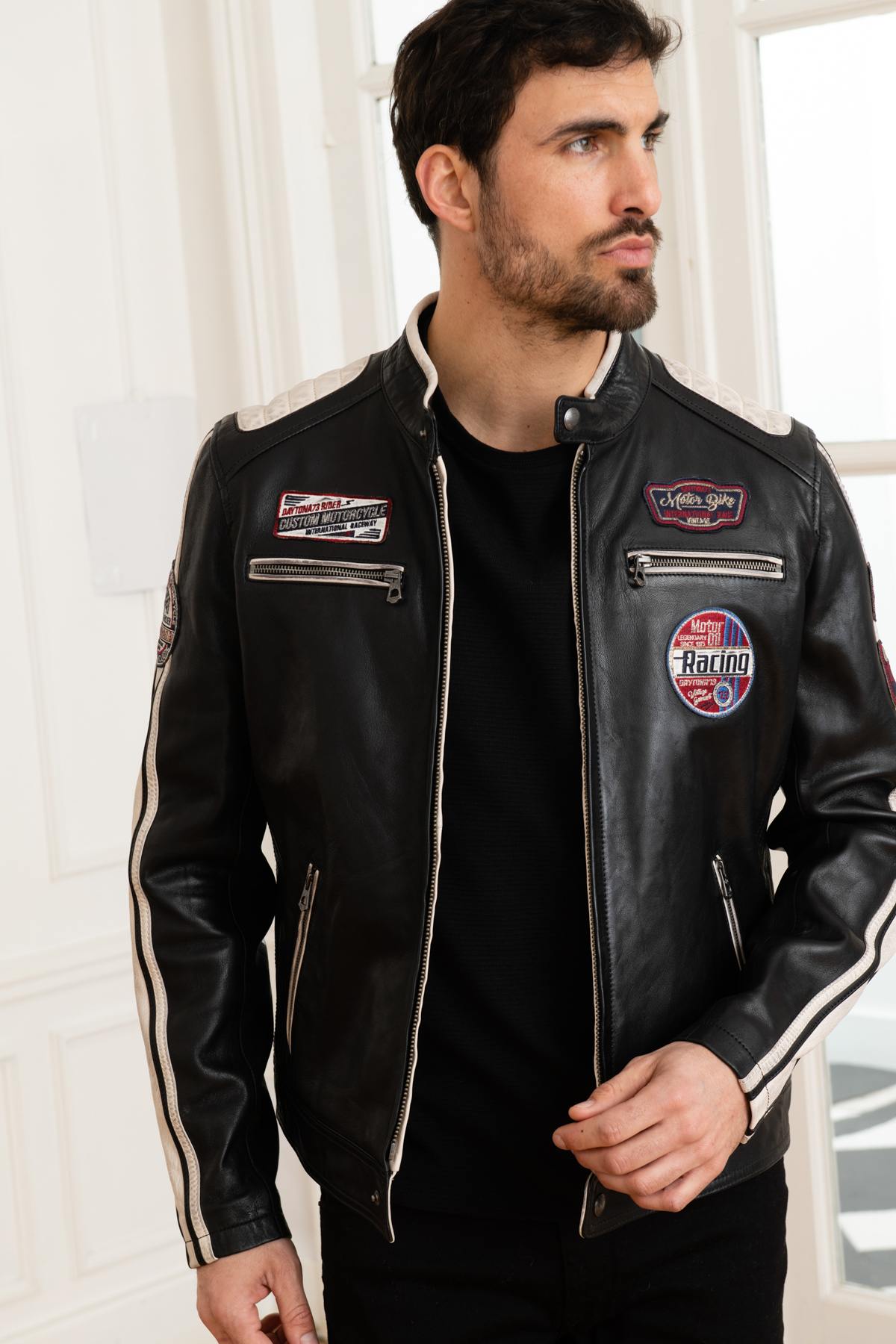 Two-tone black and white racing leather jacket - Image n°6