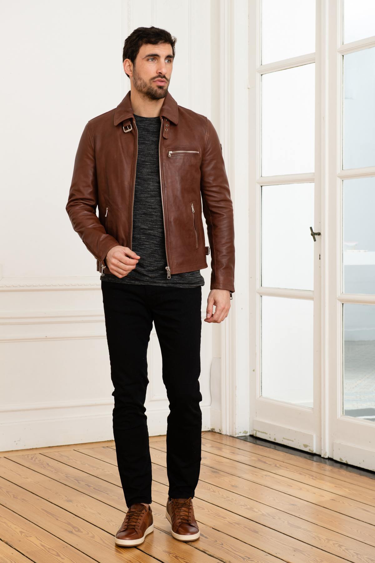 Retro biker style leather jacket - Image n°3