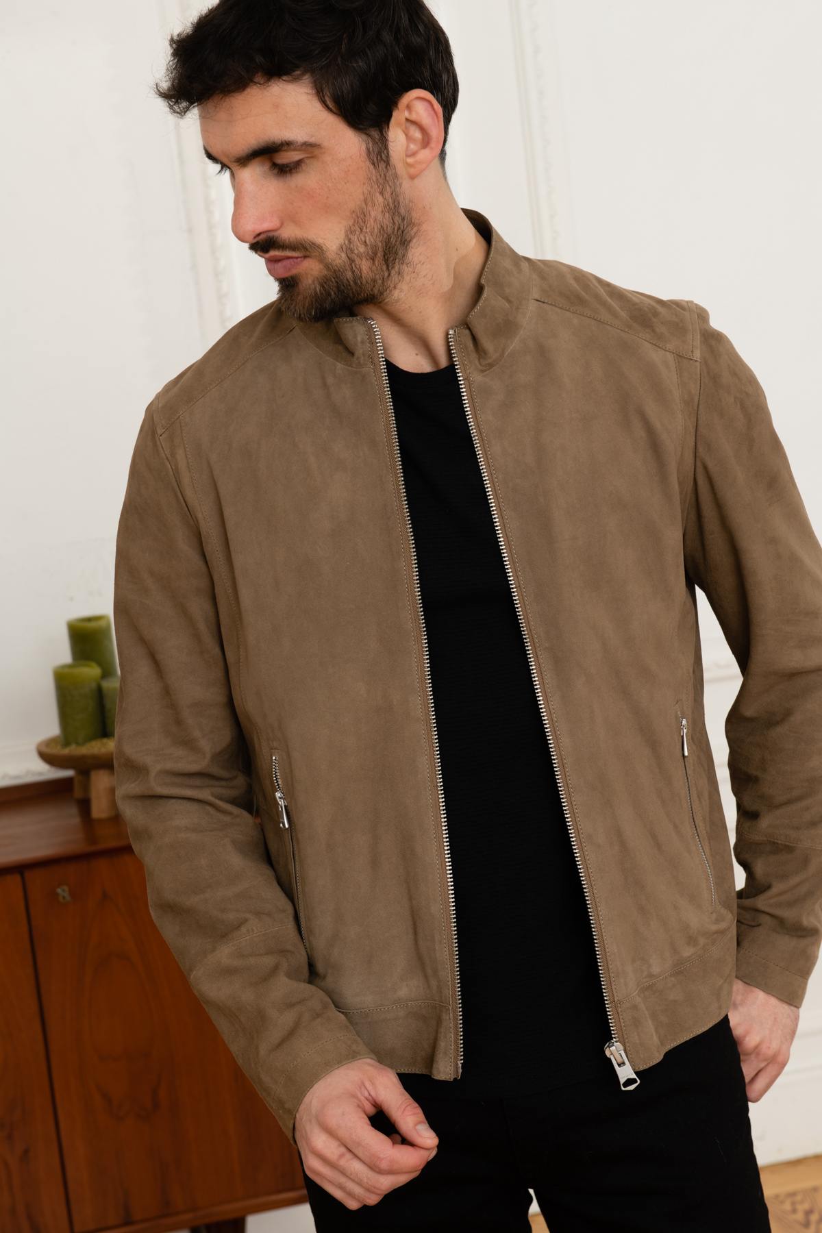 Velvet brown suede leather jacket - Image n°1