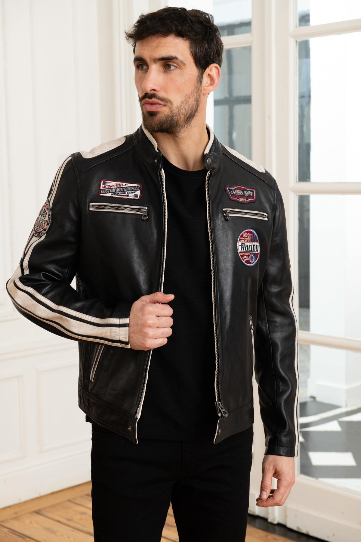 Two-tone black and white racing leather jacket - Image n°1