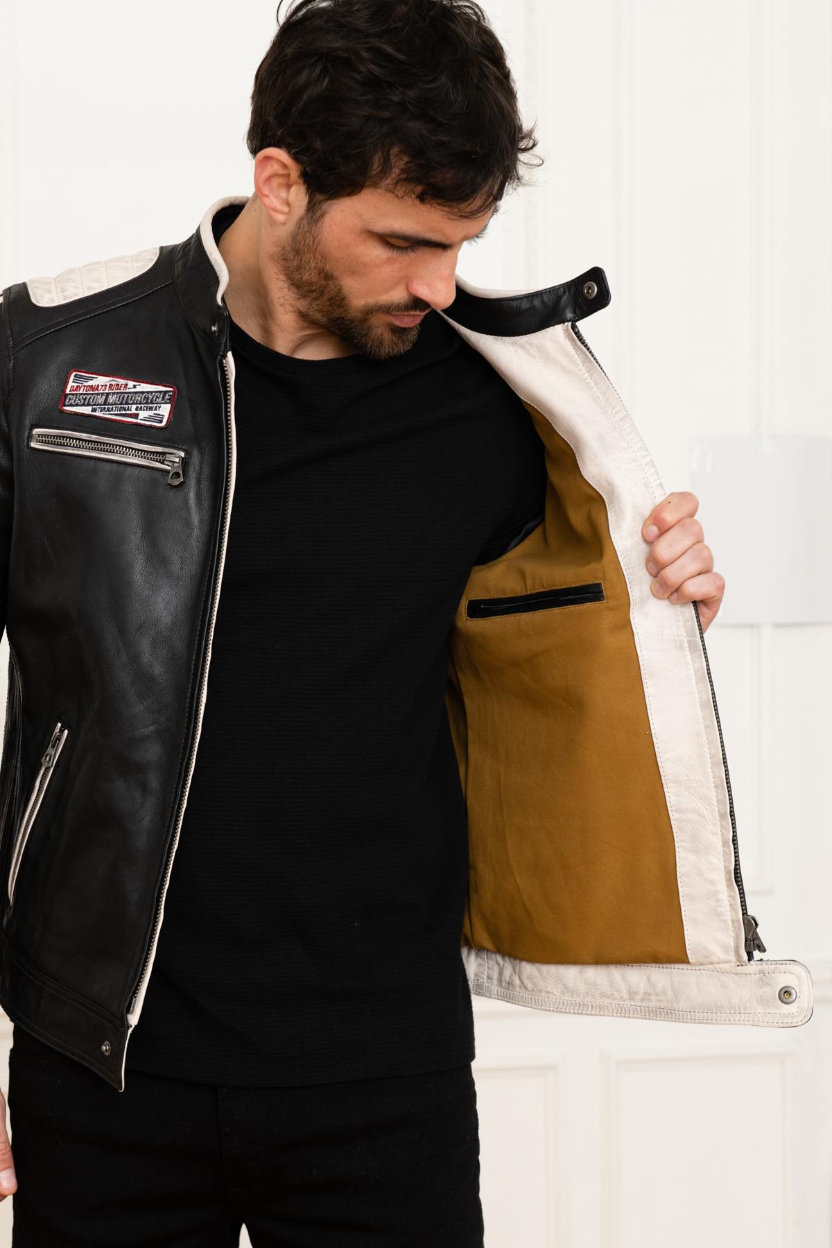 Two-tone black and white racing leather jacket - Image n°4