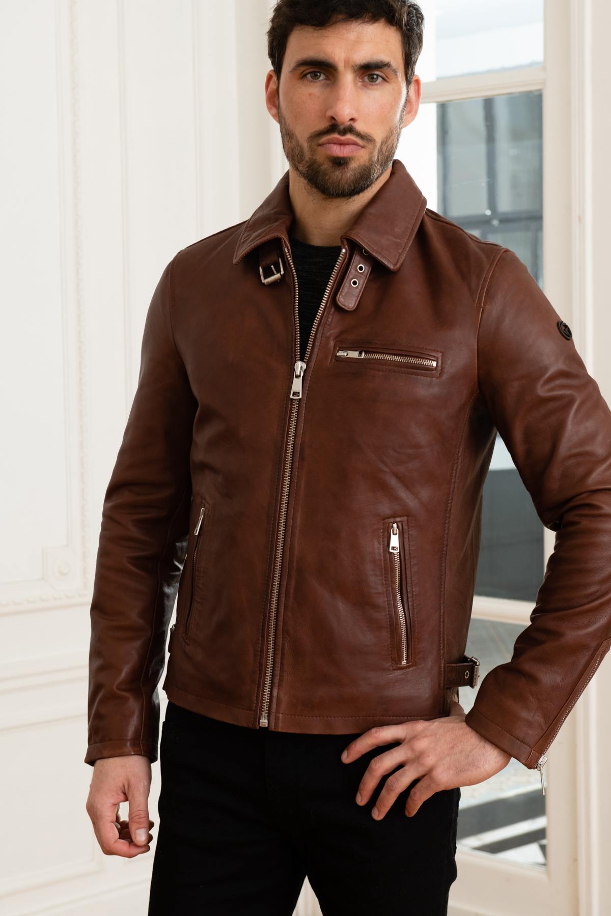 Retro biker style leather jacket - Image n°2