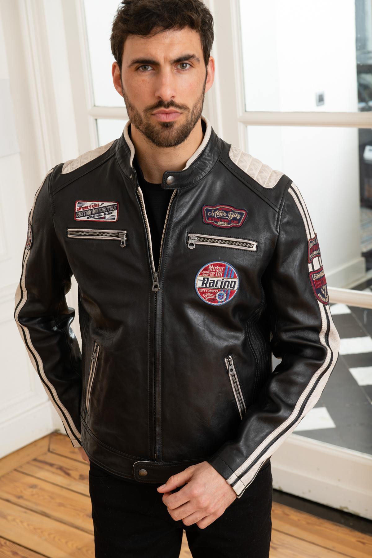 Two-tone black and white racing leather jacket - Image n°3