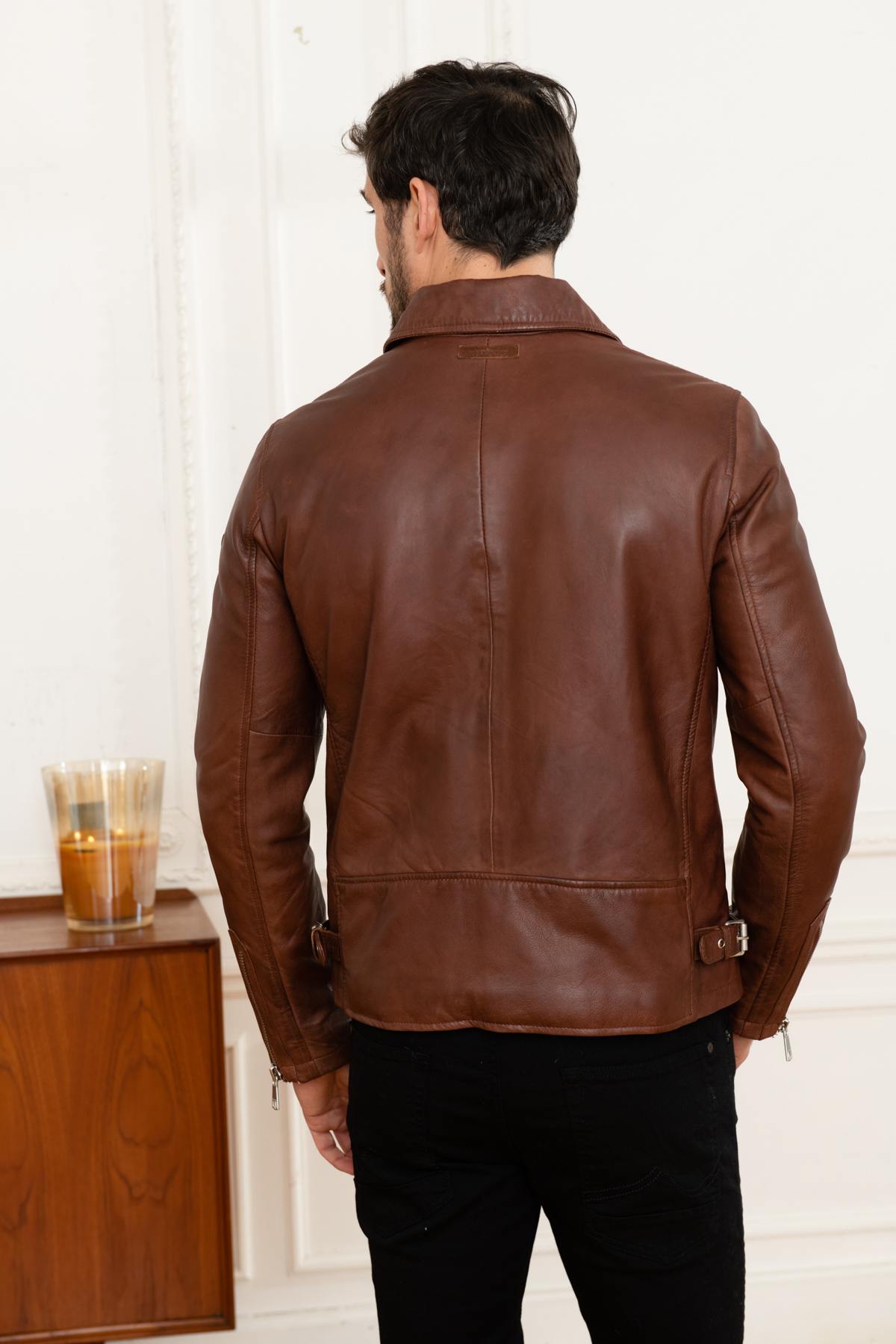 Retro biker style leather jacket - Image n°5