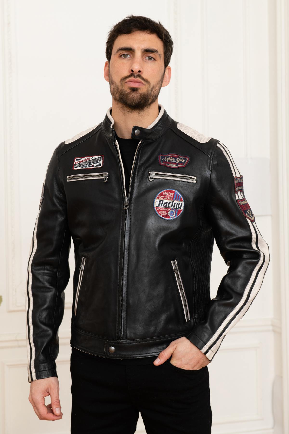 Two-tone black and white racing leather jacket - Image n°7