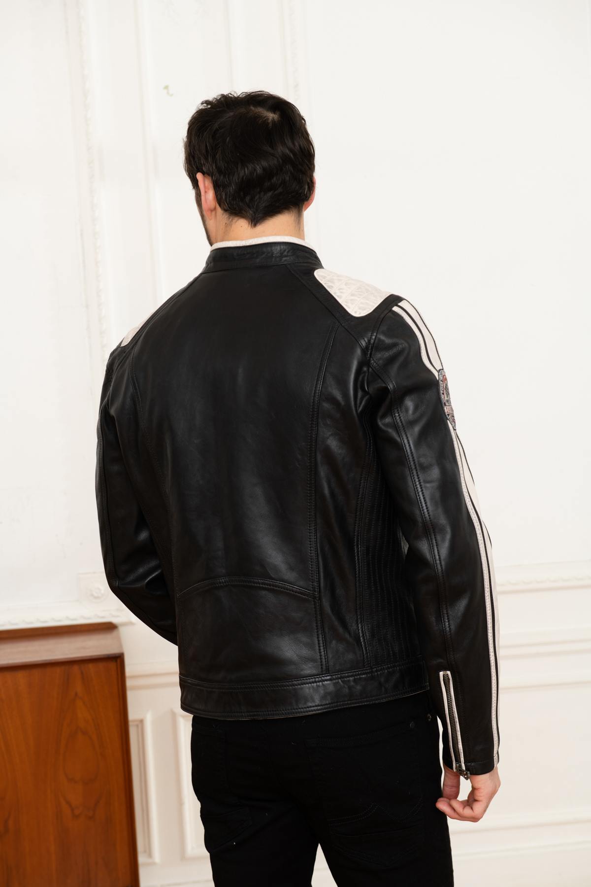 Two-tone black and white racing leather jacket - Image n°5