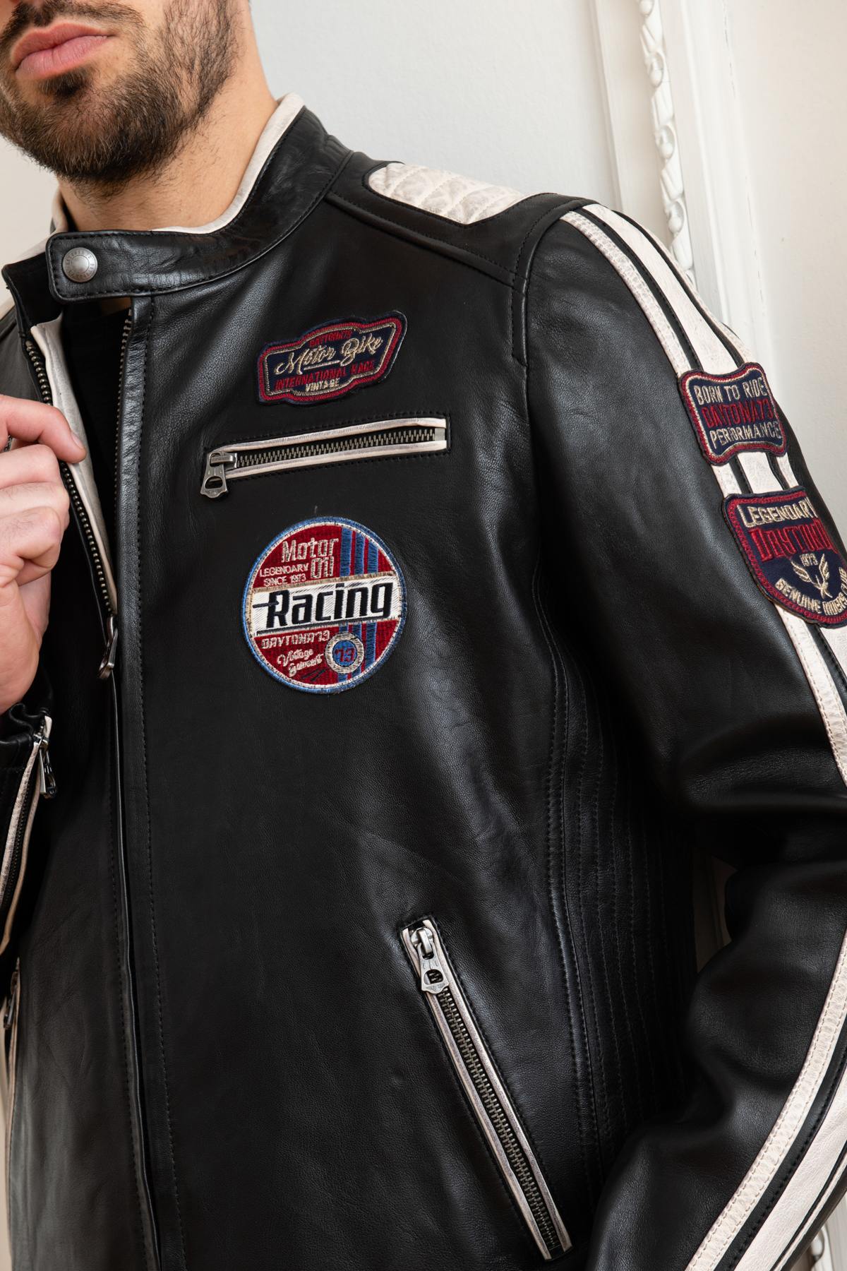 Two-tone black and white racing leather jacket - Image n°8