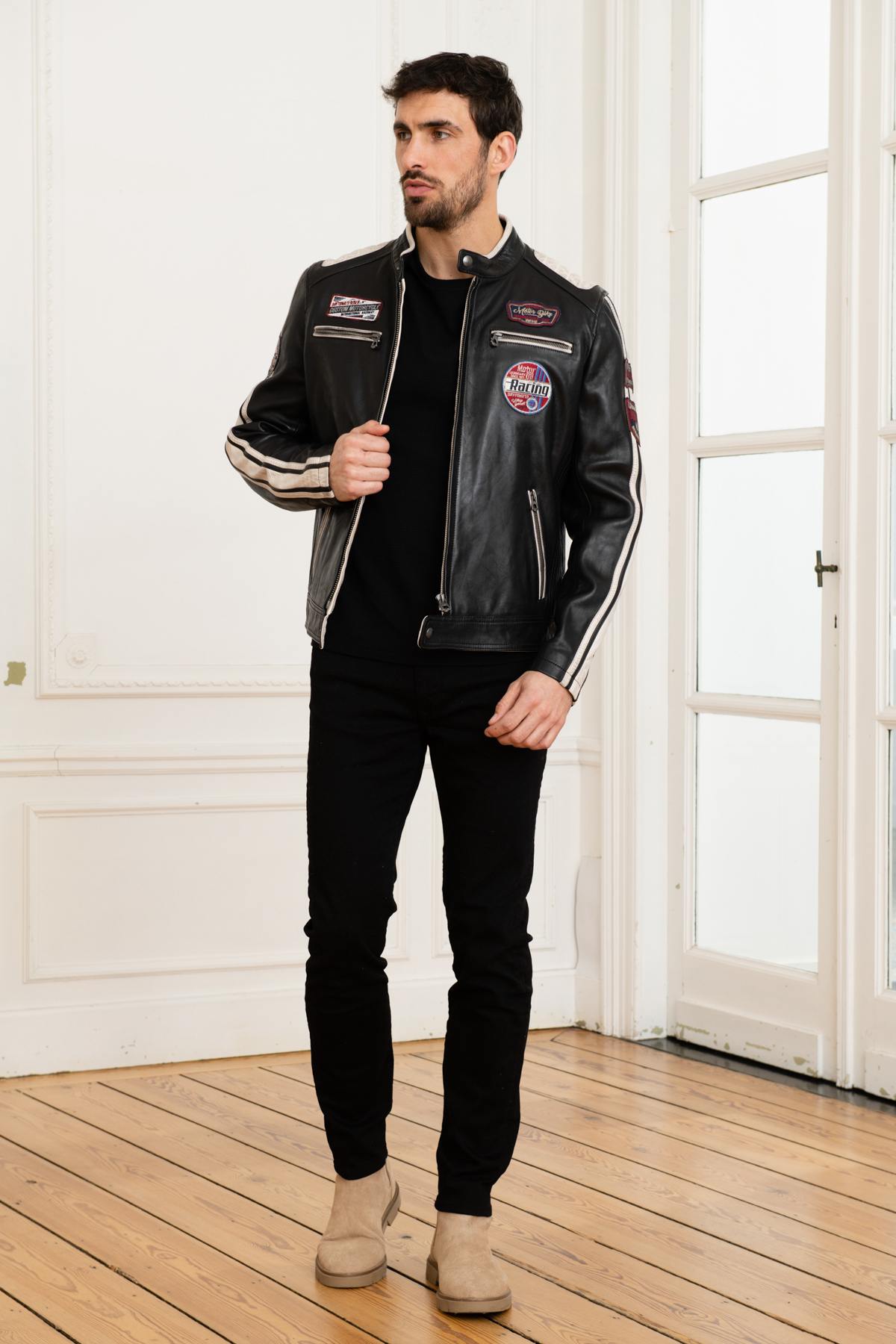 Two-tone black and white racing leather jacket - Image n°2