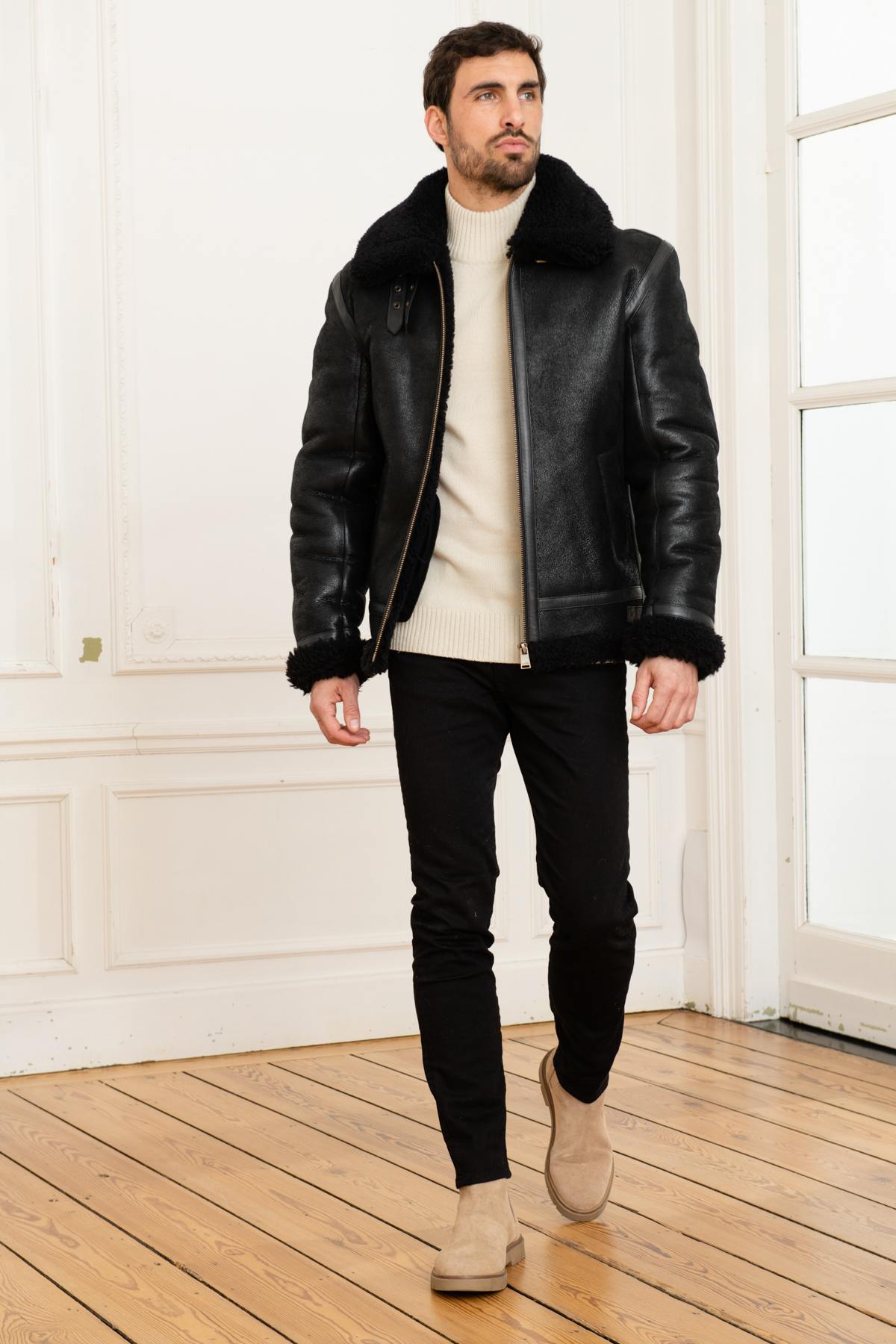 Monochrome black shearling bomber jacket - Image n°2