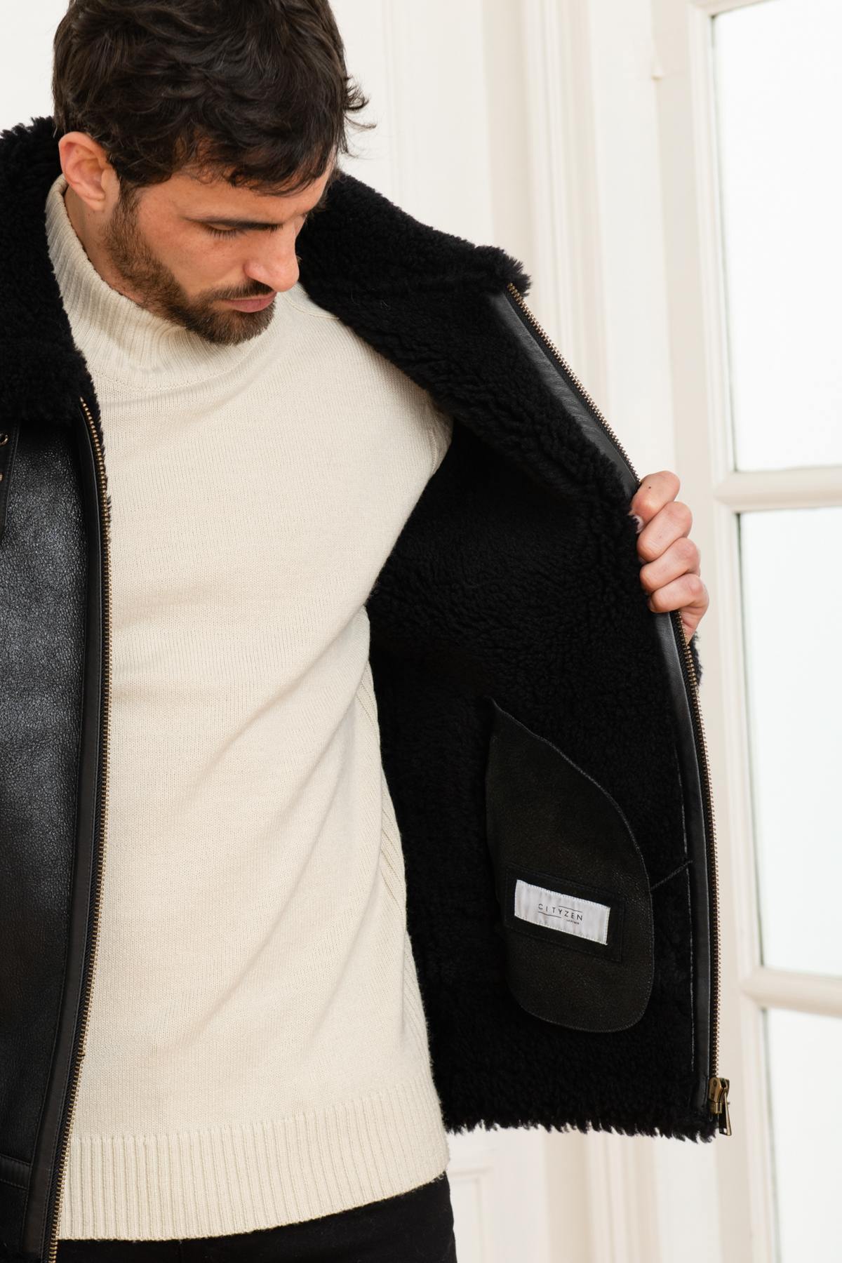 Monochrome black shearling bomber jacket - Image n°5