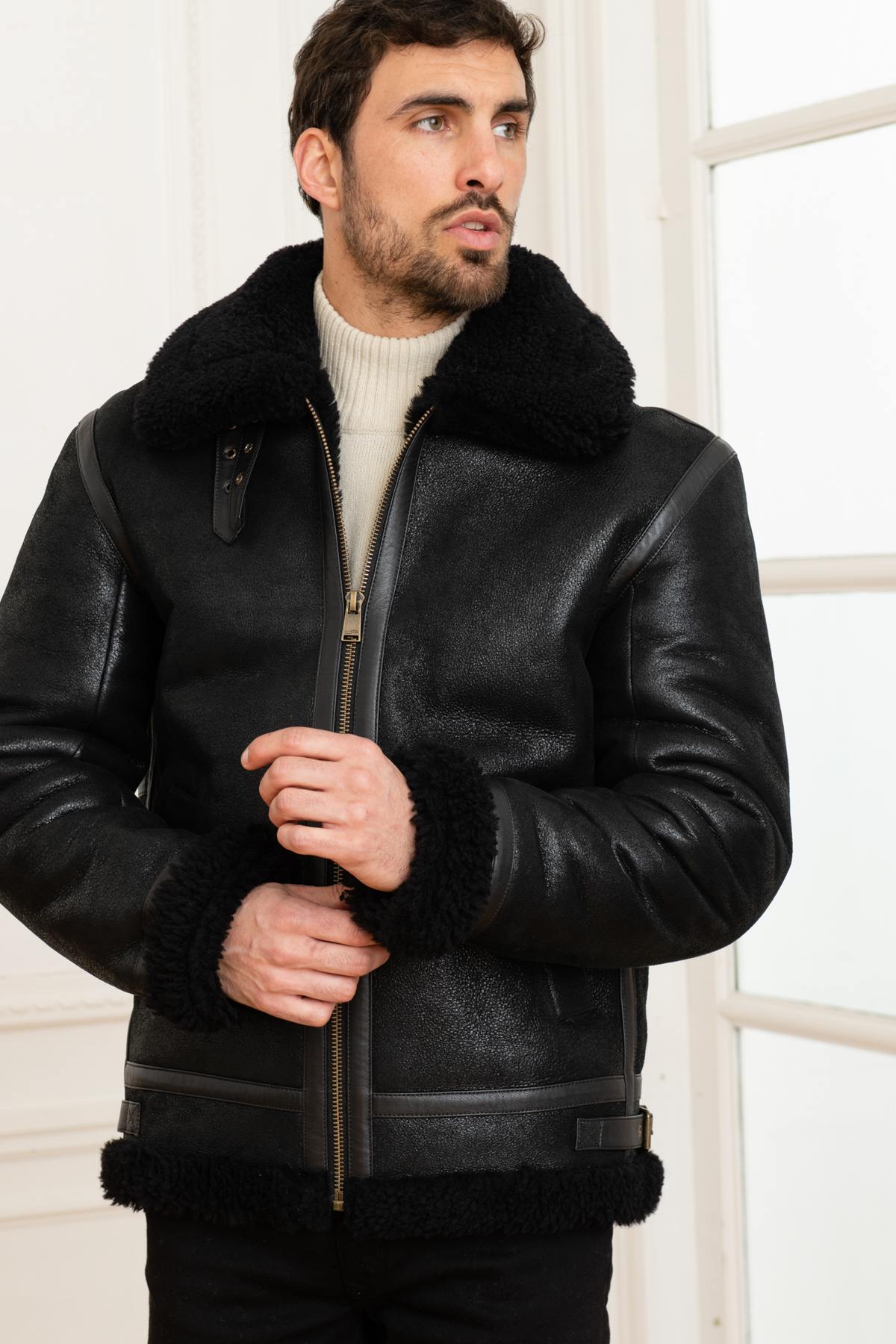 Monochrome black shearling bomber jacket - Image n°7