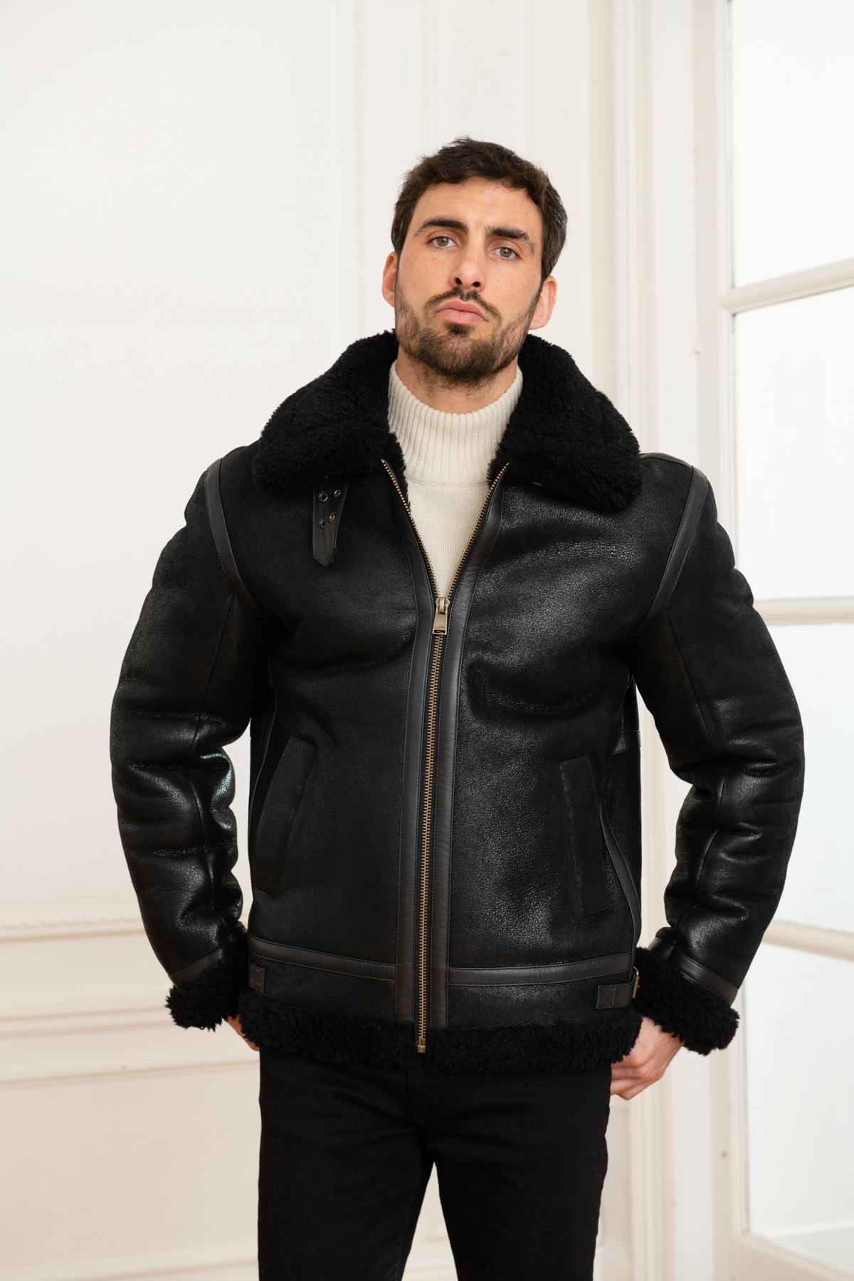 Monochrome black shearling bomber jacket - Image n°3