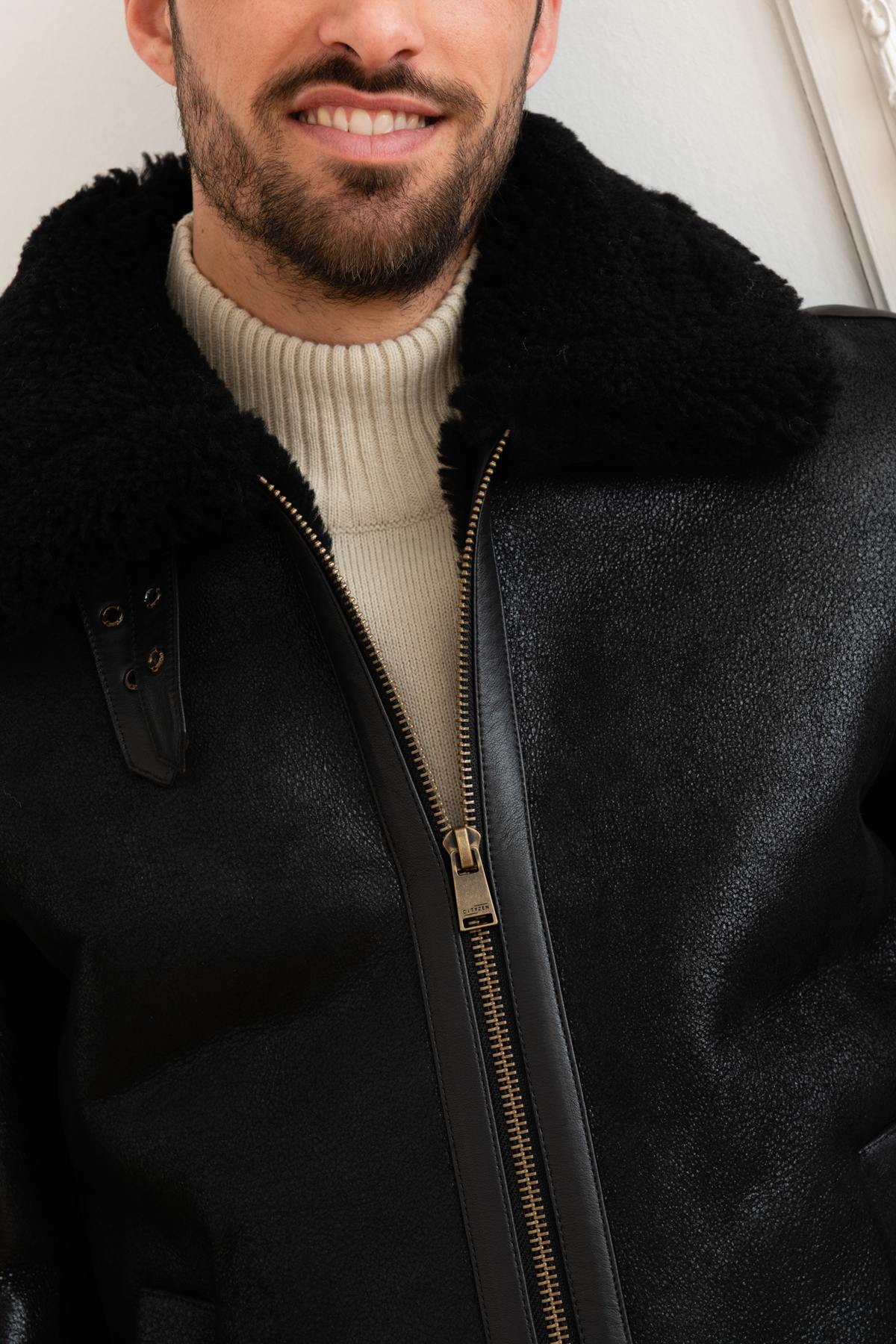 Monochrome black shearling bomber jacket - Image n°8