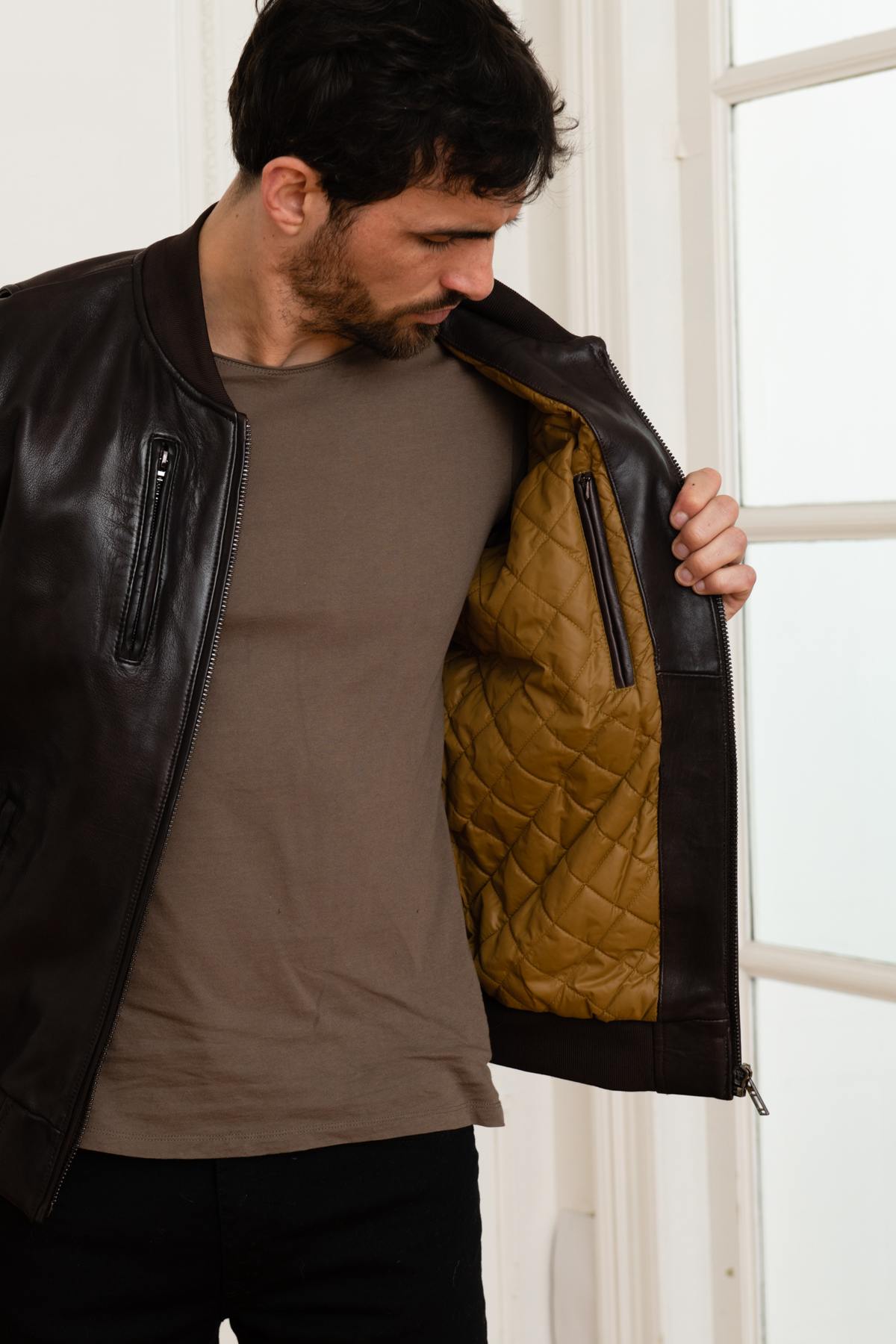 Dark brown leather pilot bomber - Image n°3