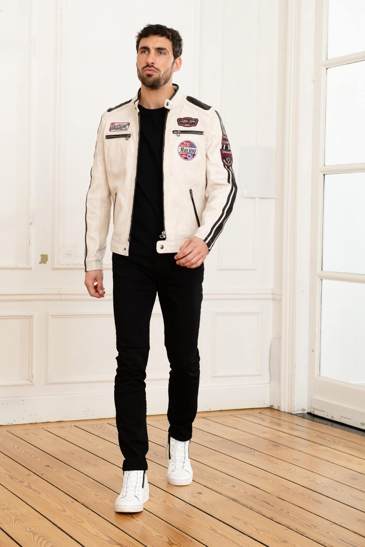 White patched racing leather jacket - Image n°2