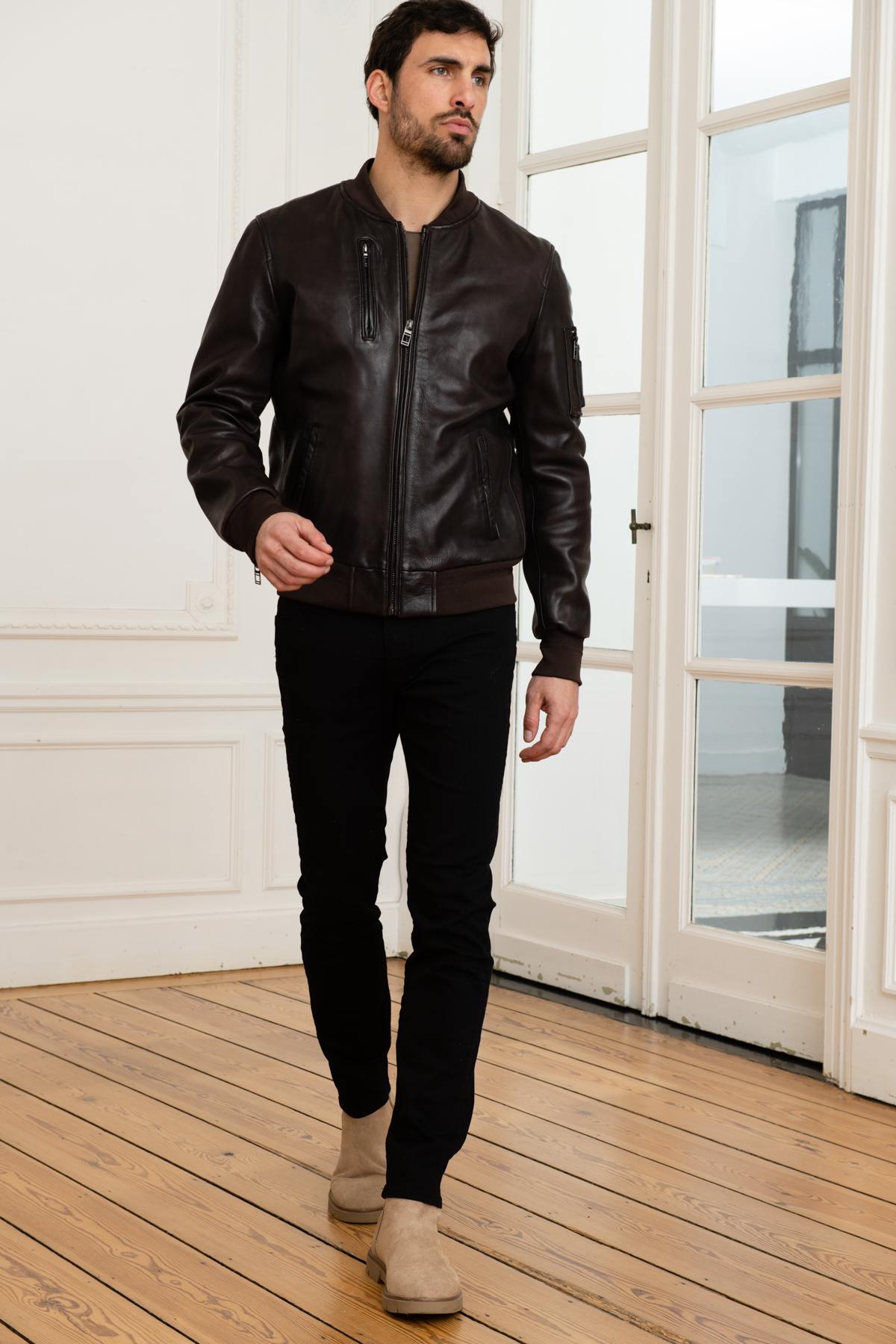 Dark brown leather pilot bomber - Image n°5