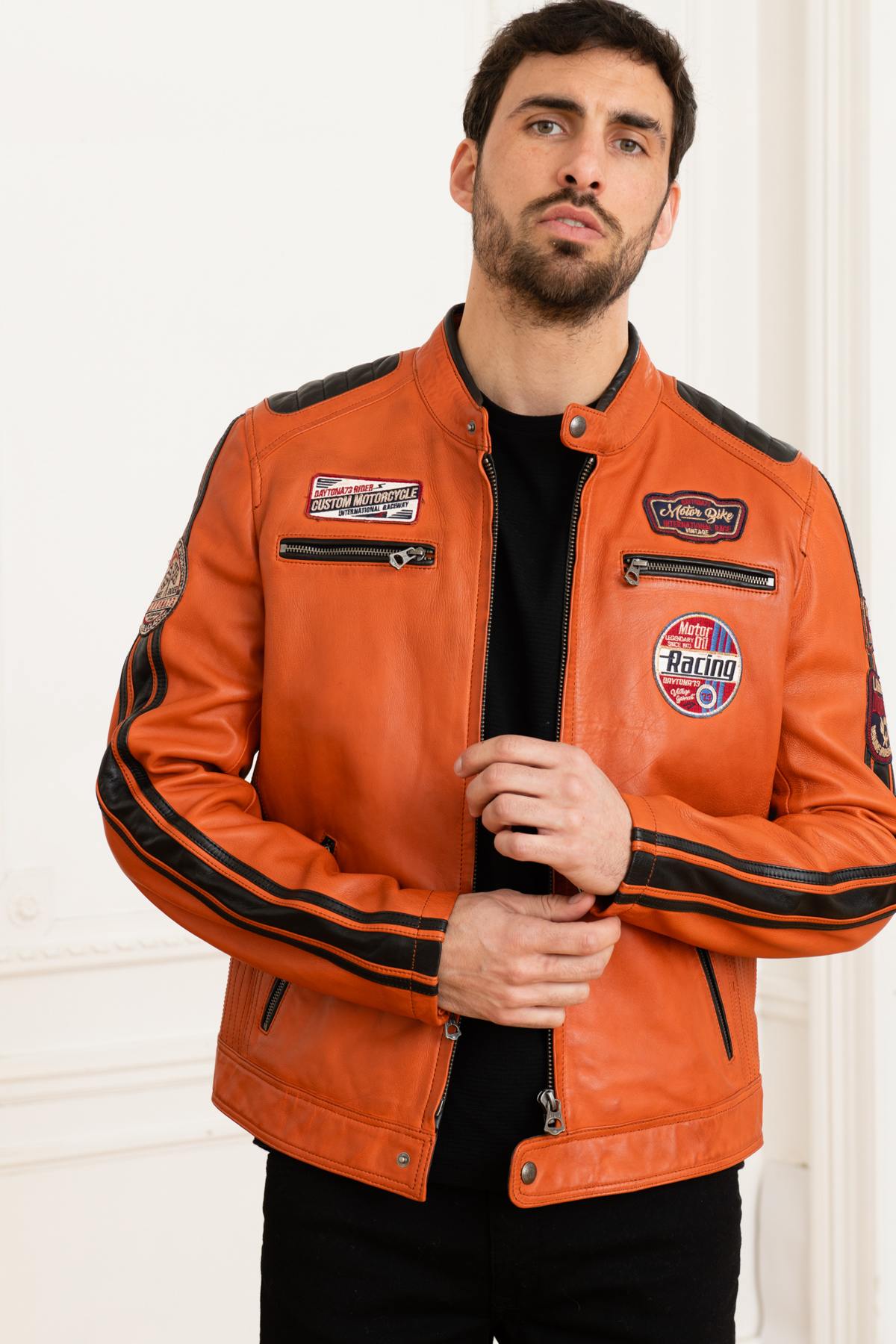 Orange genuine leather racing jacket - Image n°3