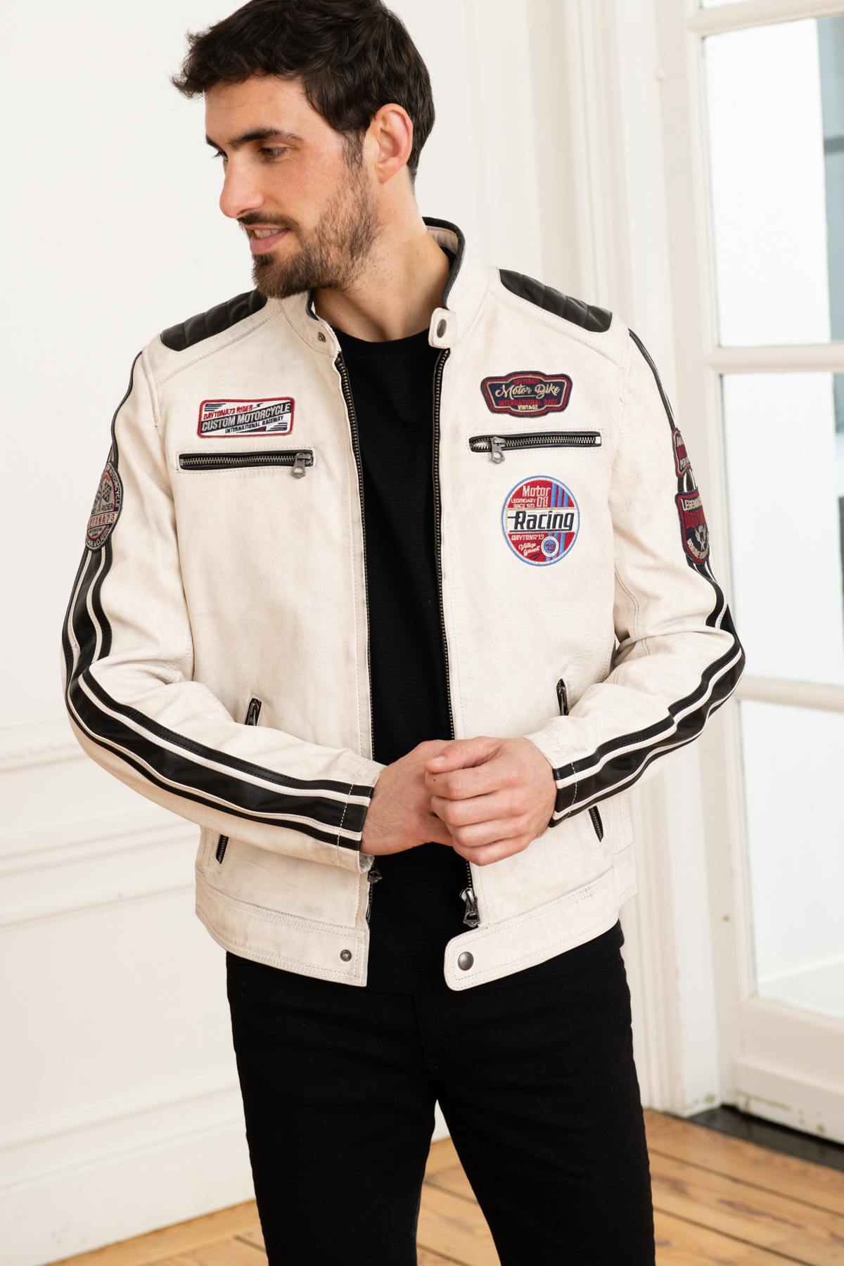 White patched racing leather jacket - Image n°1