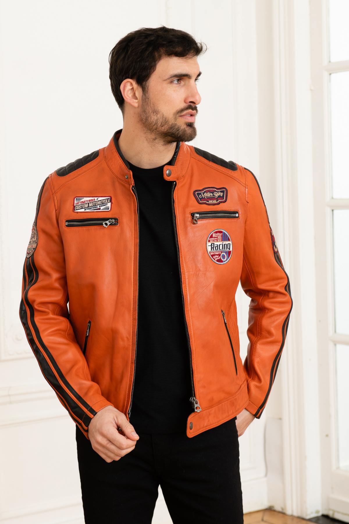 Orange genuine leather racing jacket - Image n°6