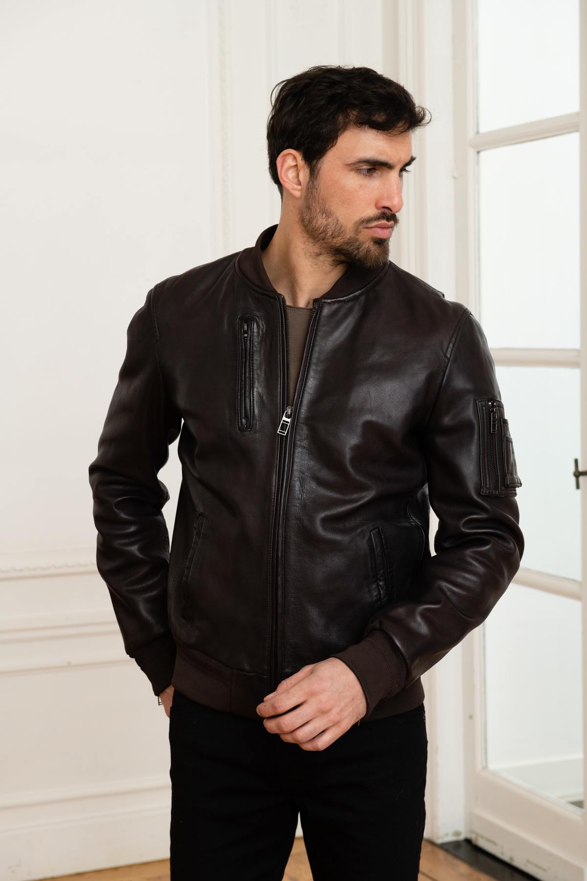 Dark brown leather pilot bomber - Image n°6