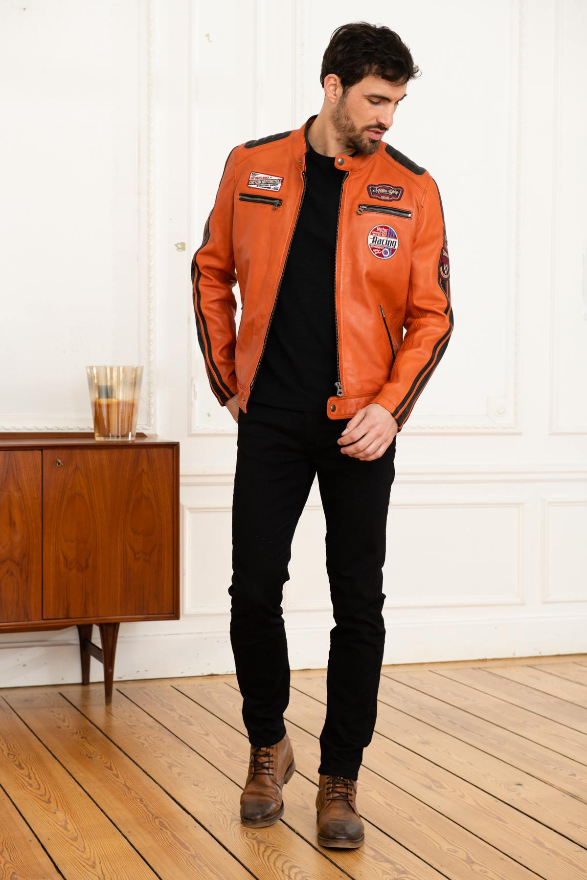 Orange genuine leather racing jacket - Image n°2